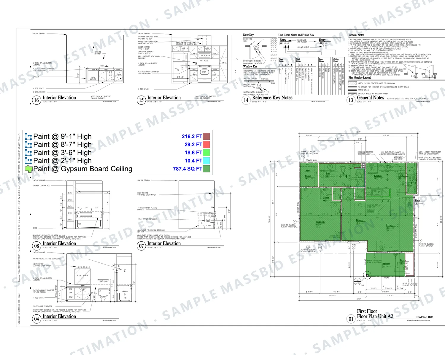 Floor plan and interior elevations of an apartment unit with the ceiling shaded and walls traced, and a legend listing wall paint in linear feet at four heights and 787.4 square feet of gypsum board ceiling