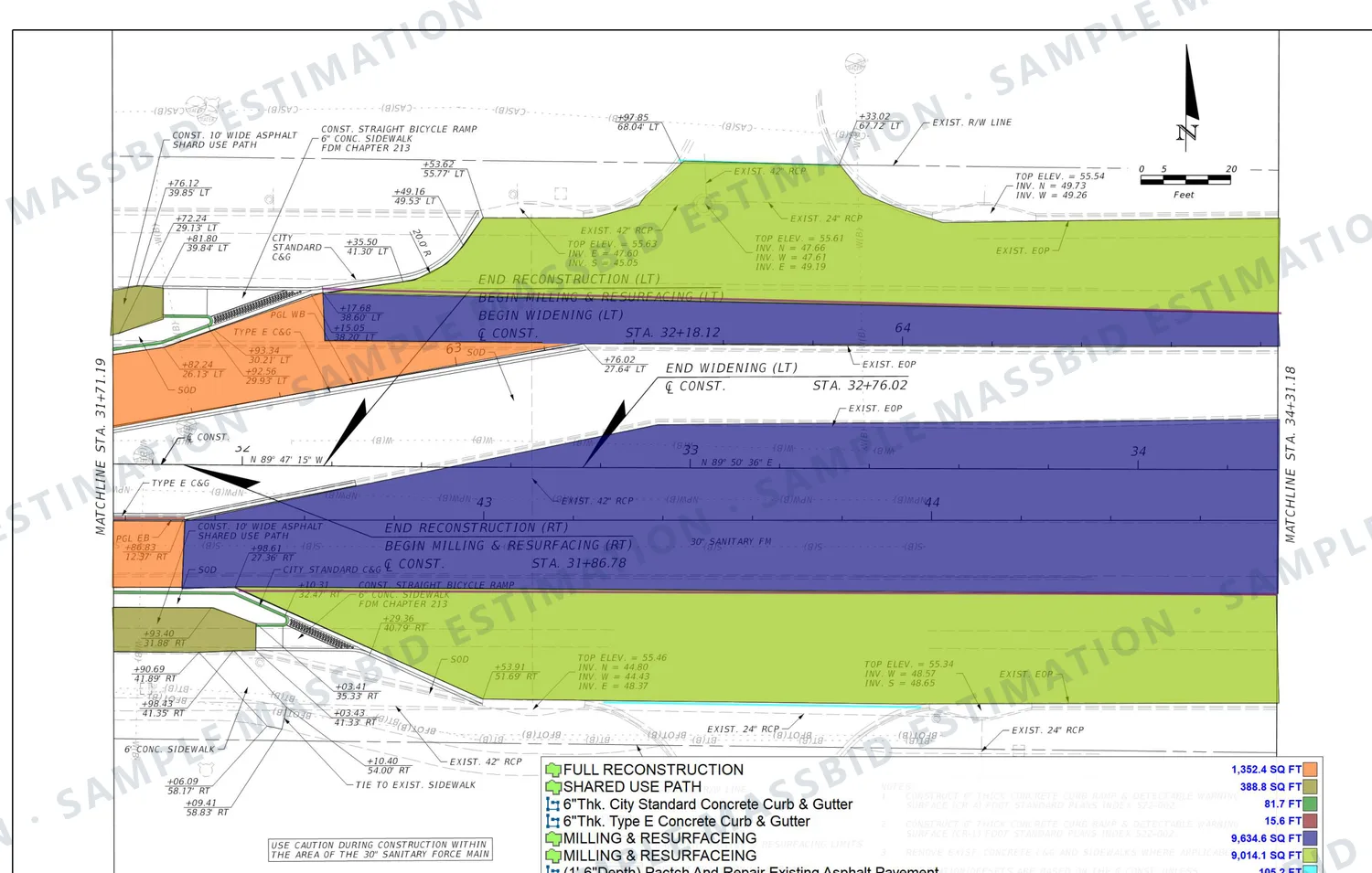 Roadway plan in Florida with full reconstruction, milling and resurfacing and shared-use path areas shaded in separate colors and a legend listing each area in square feet
