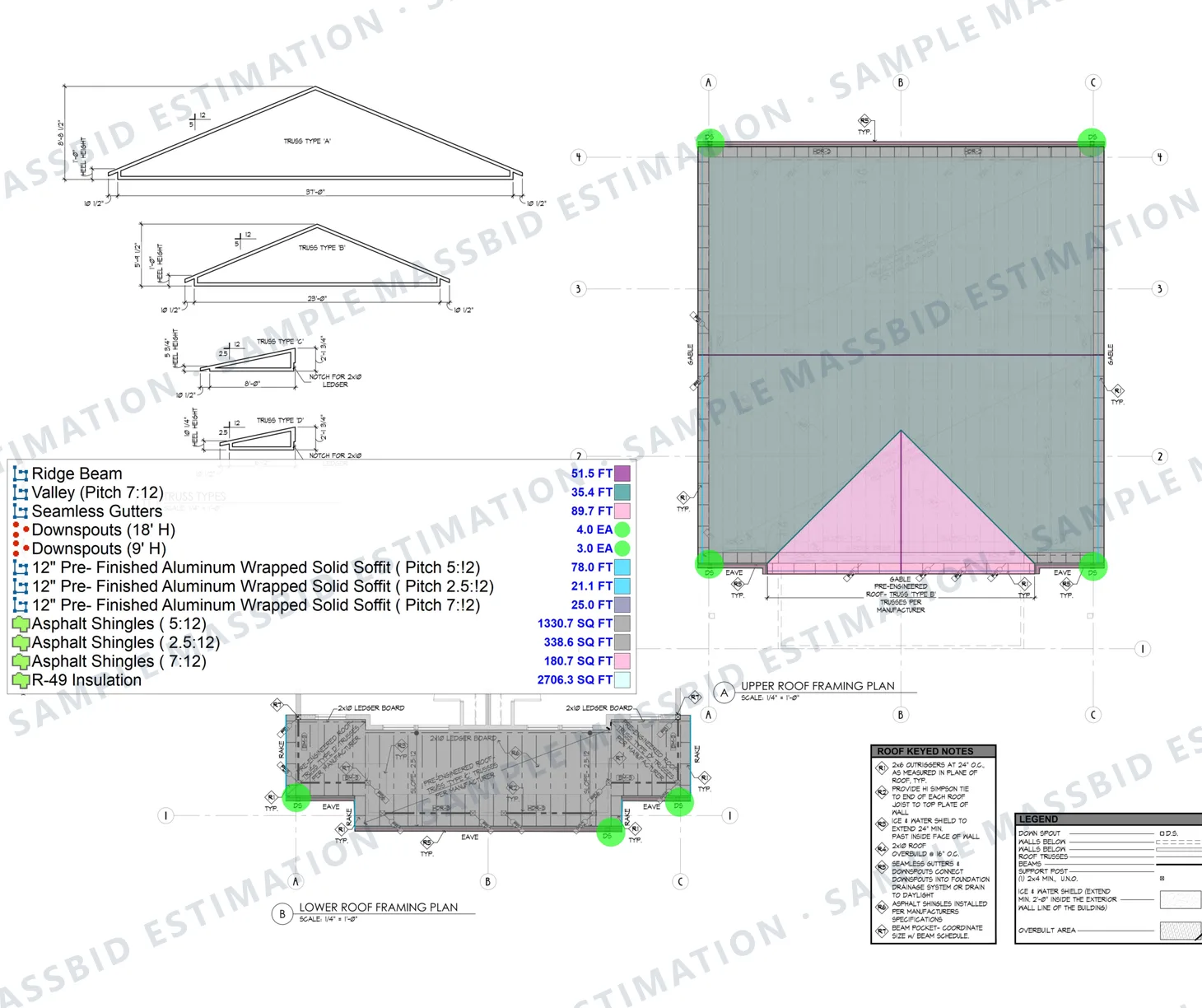 Roof framing plan of a duplex with the shingle area shaded by roof pitch and a legend listing asphalt shingles at 5:12, 2.5:12 and 7:12 pitch in square feet, ridge and valley lengths, seamless gutters, downspouts, aluminum-wrapped soffit and attic insulation
