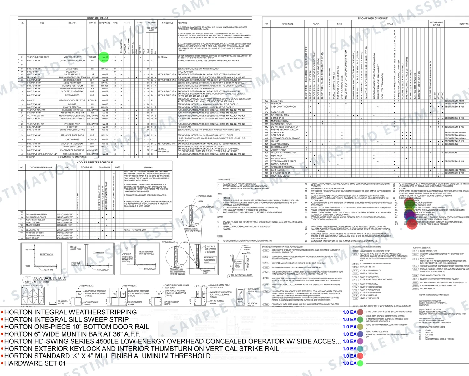 Door schedule and details of a grocery store with automatic entrance doors highlighted and a legend counting integral weatherstripping, sill sweeps, bottom door rails, muntin bars, a concealed overhead operator, keylocks and thresholds, and one hardware set
