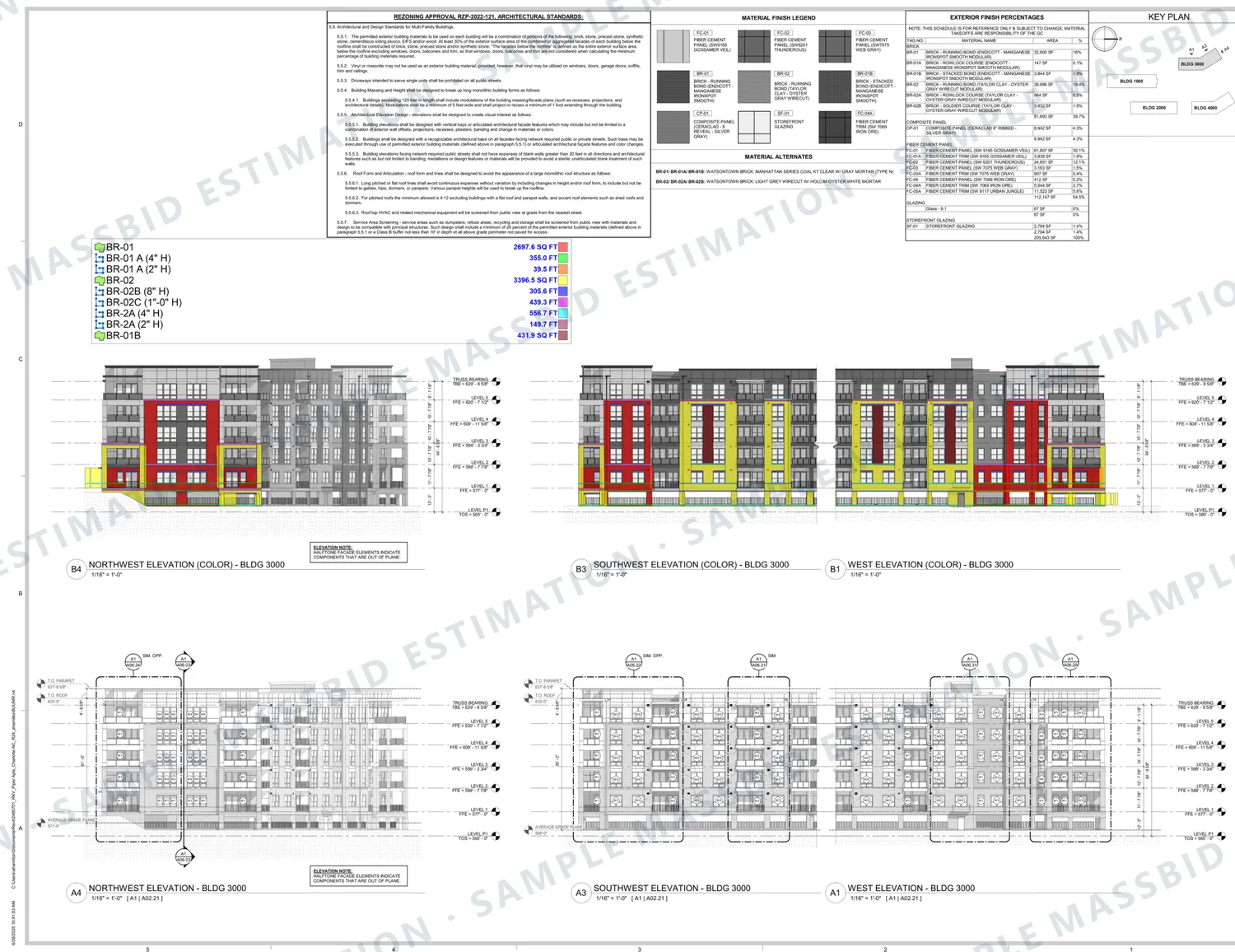 Brick takeoff on apartment elevations, by brick type and bond