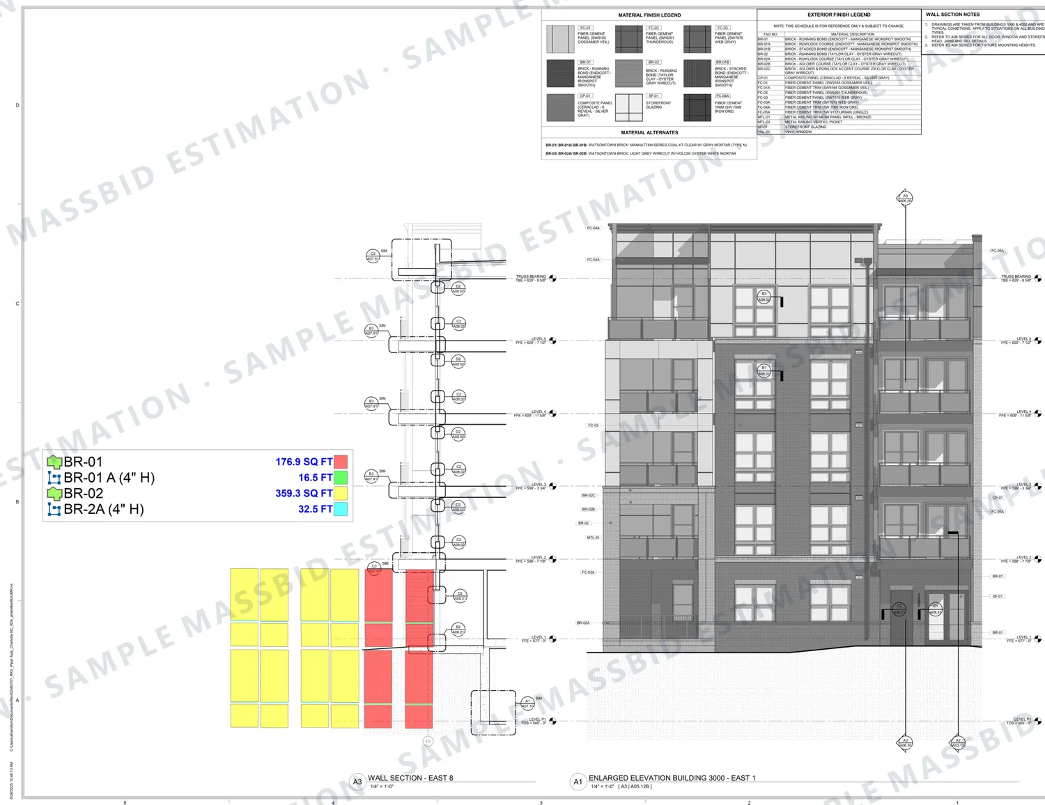 Enlarged elevation and wall section of a six-story building corner with brick return panels drawn out and shaded and a legend listing two brick types in square feet and rowlock courses in linear feet