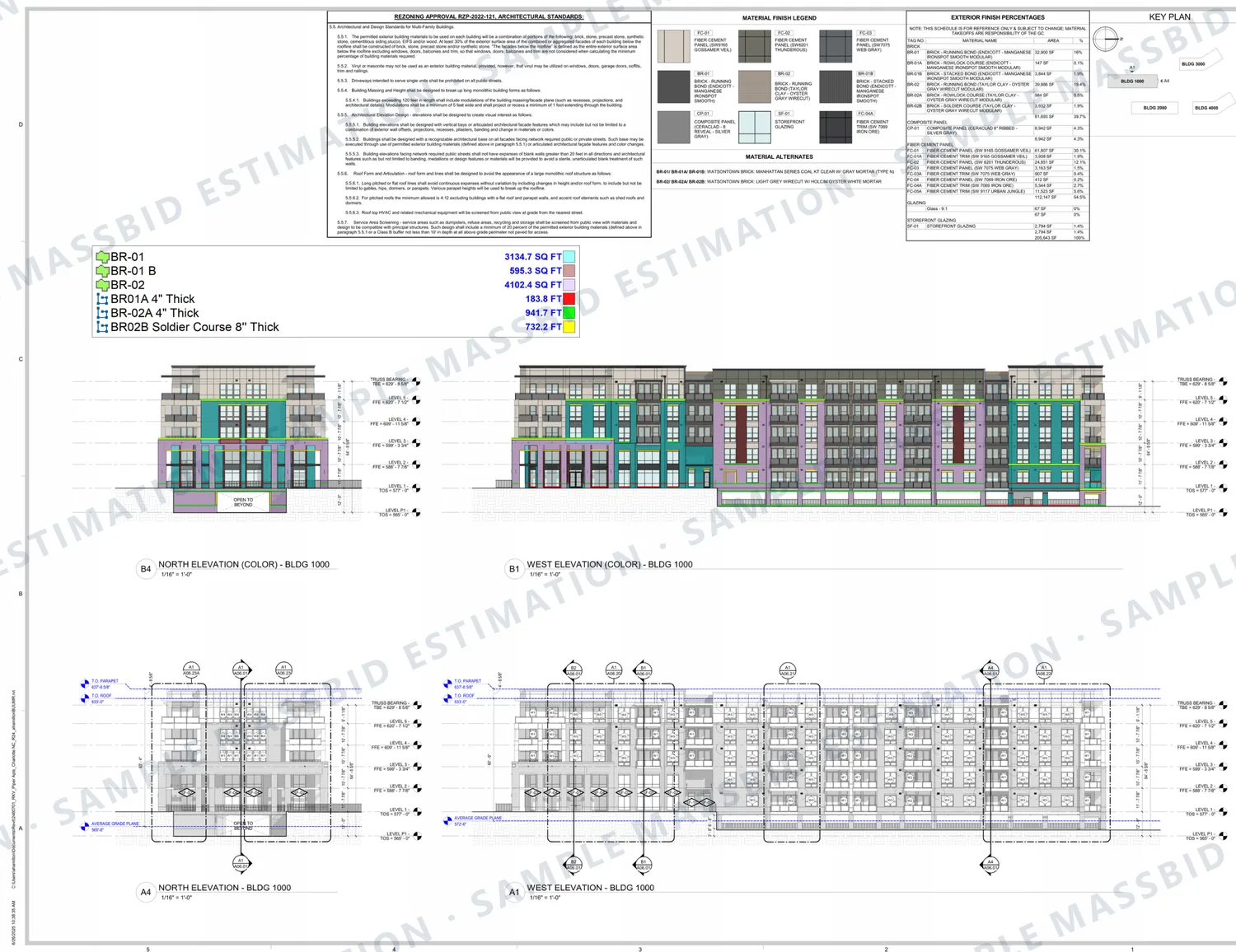 North and west color elevations of an apartment building with brick areas shaded by type and a legend listing three brick areas of 3,134.7, 595.3 and 4,102.4 square feet with rowlock and soldier courses in linear feet
