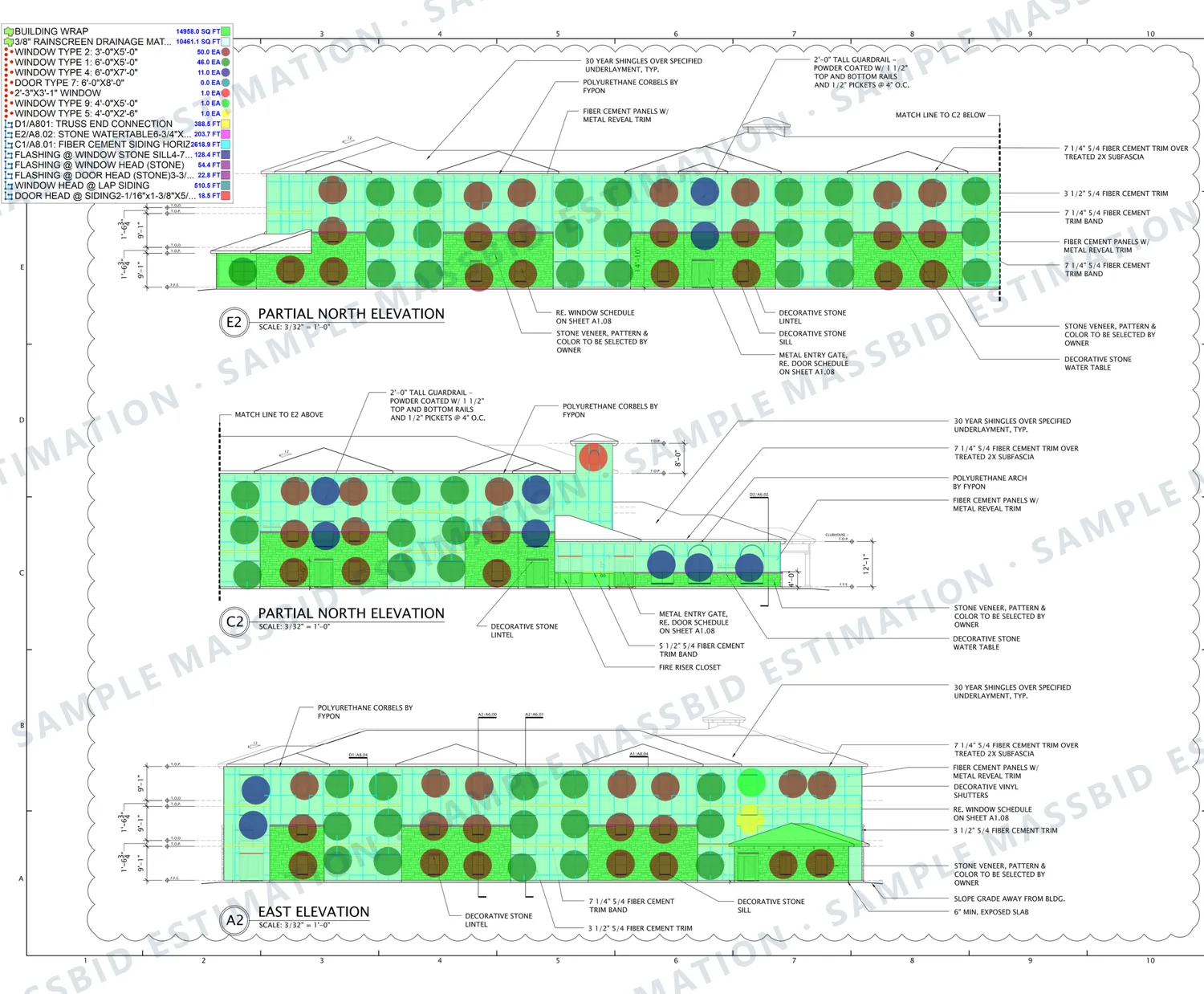 Building wrap, rainscreen and flashing takeoff on the elevations