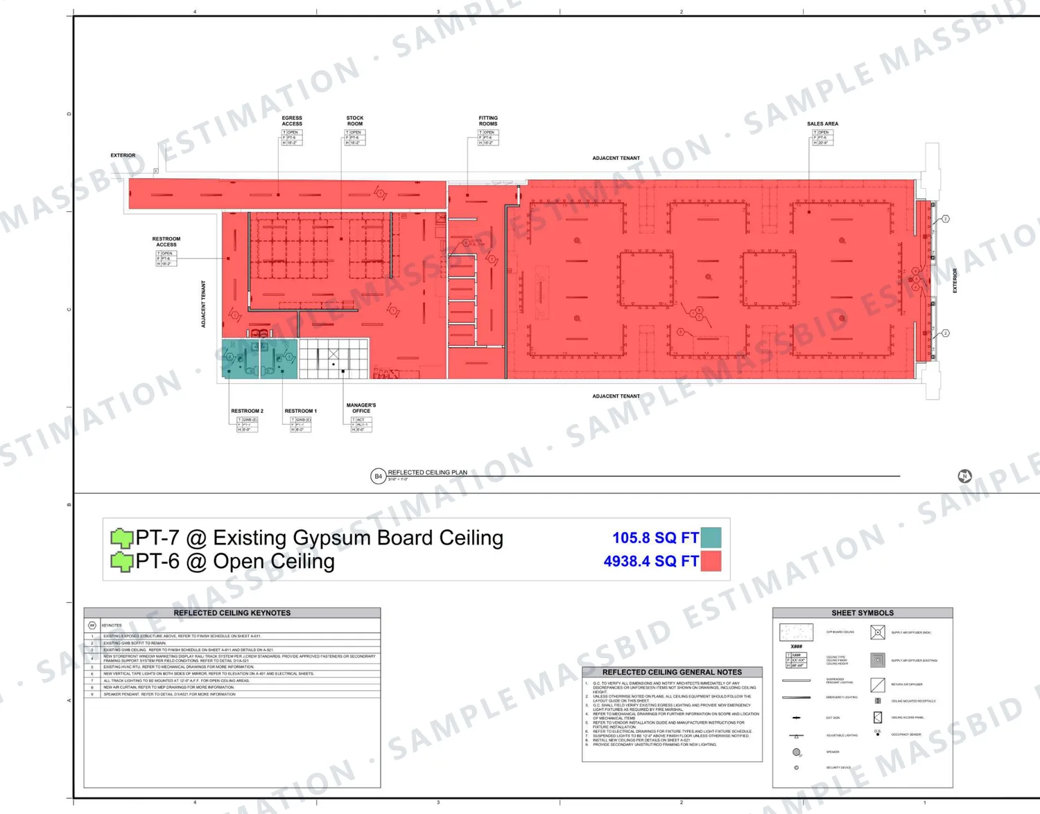 Reflected ceiling plan of a retail store with the open ceiling shaded red and the gypsum board ceiling shaded green, and a legend listing 4,938.4 square feet of open ceiling and 105.8 square feet of gypsum board ceiling