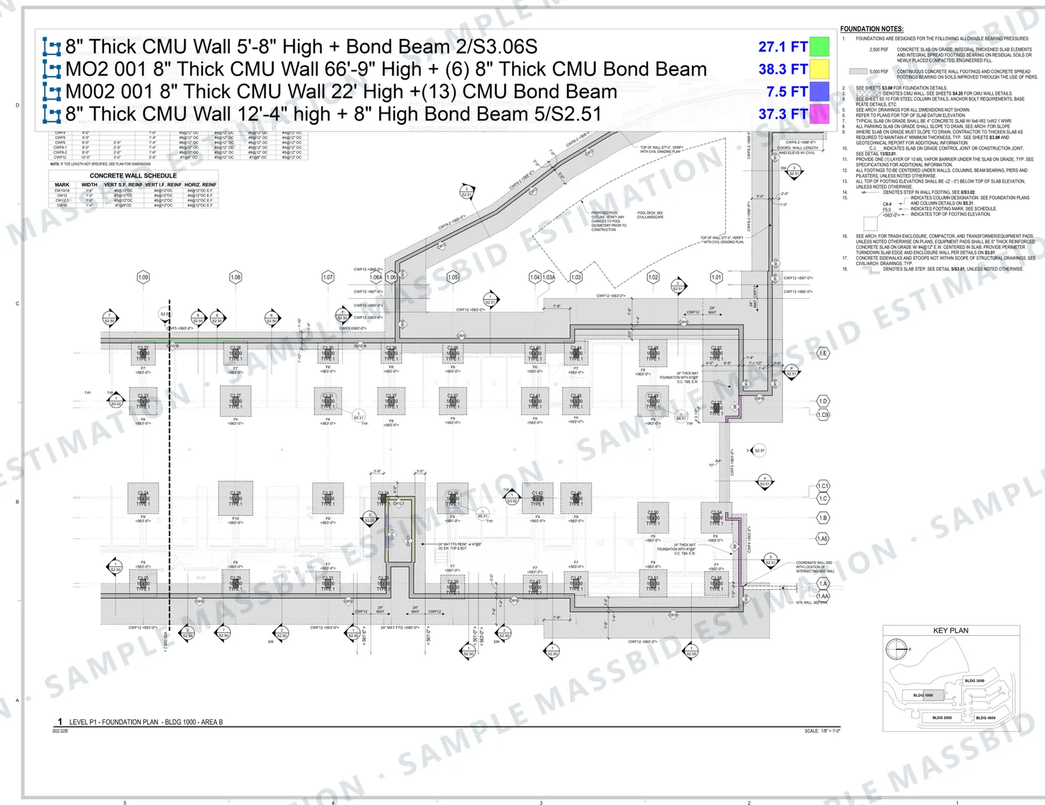 Foundation plan of an apartment building with CMU walls traced and a legend listing eight-inch CMU walls by height, from 5 feet 8 inches to 66 feet 9 inches high, each with its bond beams, in linear feet