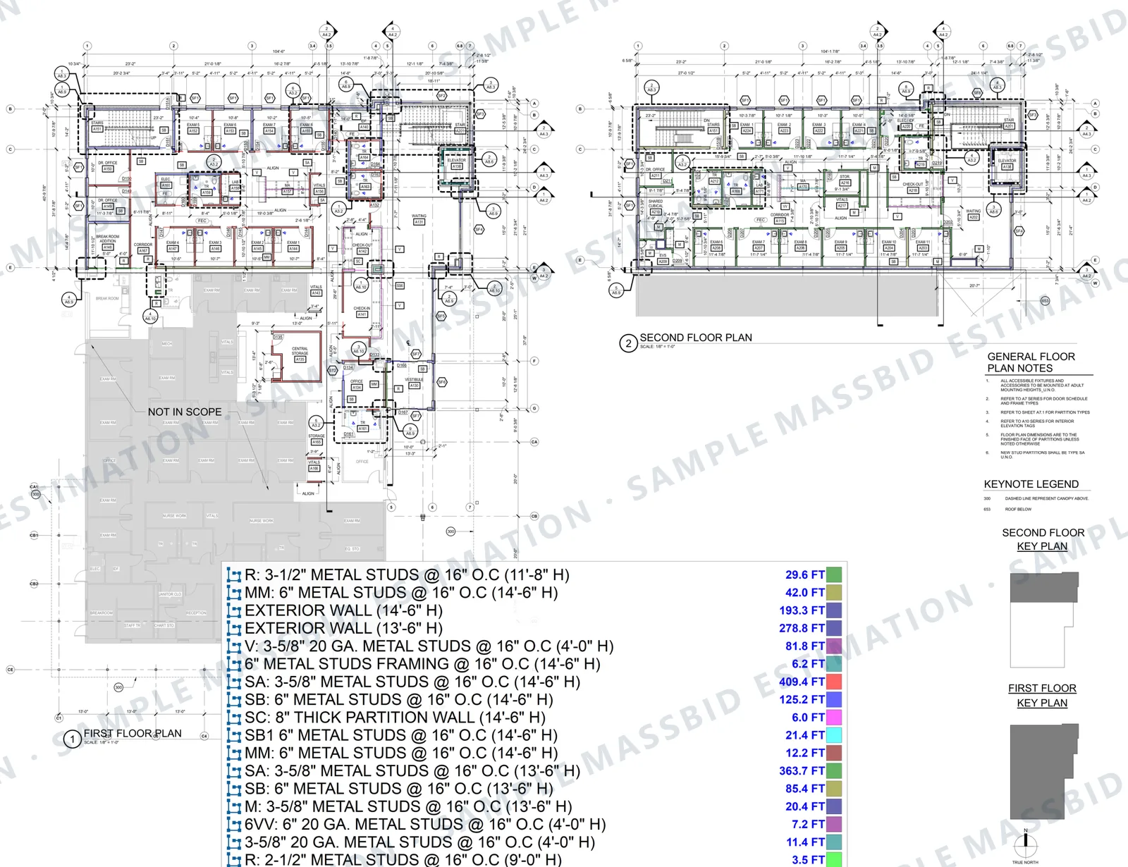 First and second floor plans of a clinic with partitions traced in separate colors by wall type and a legend listing linear feet of metal stud walls by stud size, gauge and height, including 409.4 feet of 3-5/8 inch studs at 14 foot 6 inches