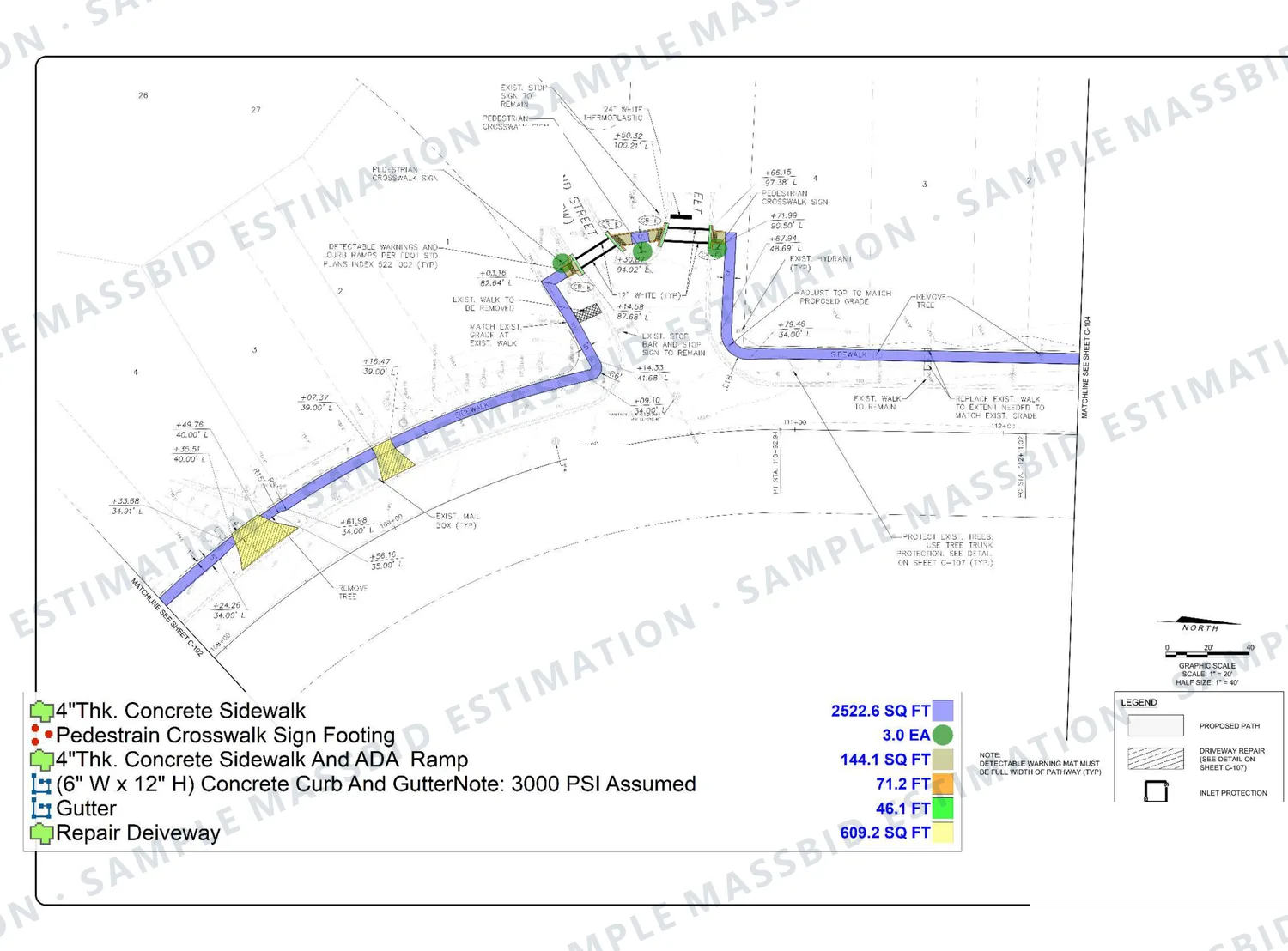 Plan of a new sidewalk along a road with the walk shaded and ramps marked, and a legend listing 2,522.6 square feet of 4 inch concrete sidewalk, 144.1 square feet of sidewalk and accessible ramp, three crosswalk sign footings, 71.2 feet of concrete curb and gutter and 609.2 square feet of driveway repair