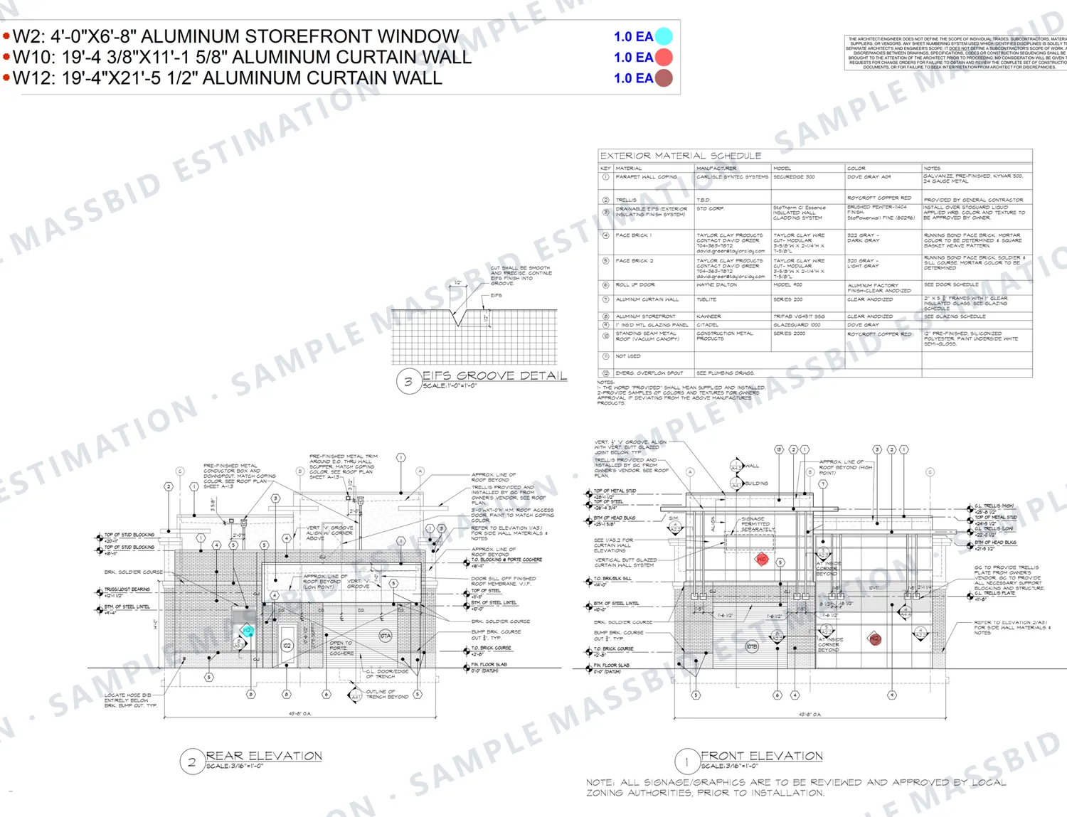 Front and rear elevations of a car wash building with glazed openings dotted and a legend listing an aluminum storefront window and two aluminum curtain wall frames, 19 feet 4 inches by 11 feet 1 inch and 19 feet 4 inches by 21 feet 5 inches