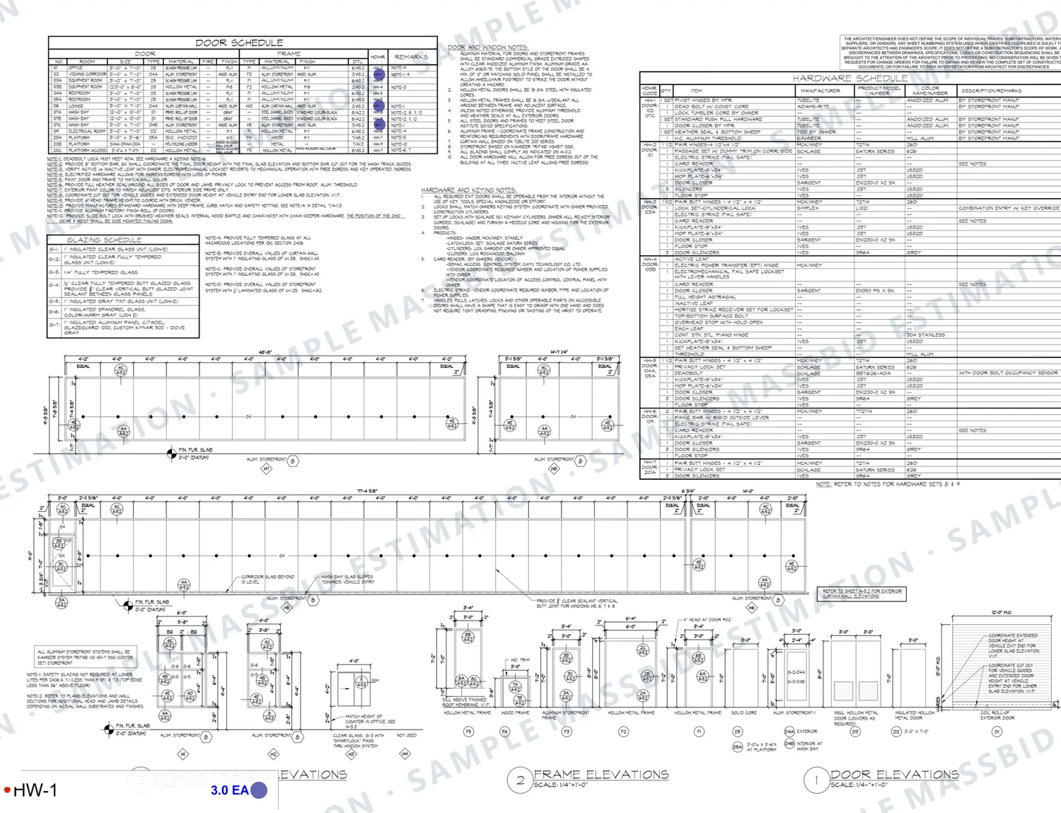 Sheet with a door schedule, glazing schedule, hardware schedule and frame elevations for long storefront and curtain wall frames showing panel divisions, with doors dotted and a legend counting three of one hardware set