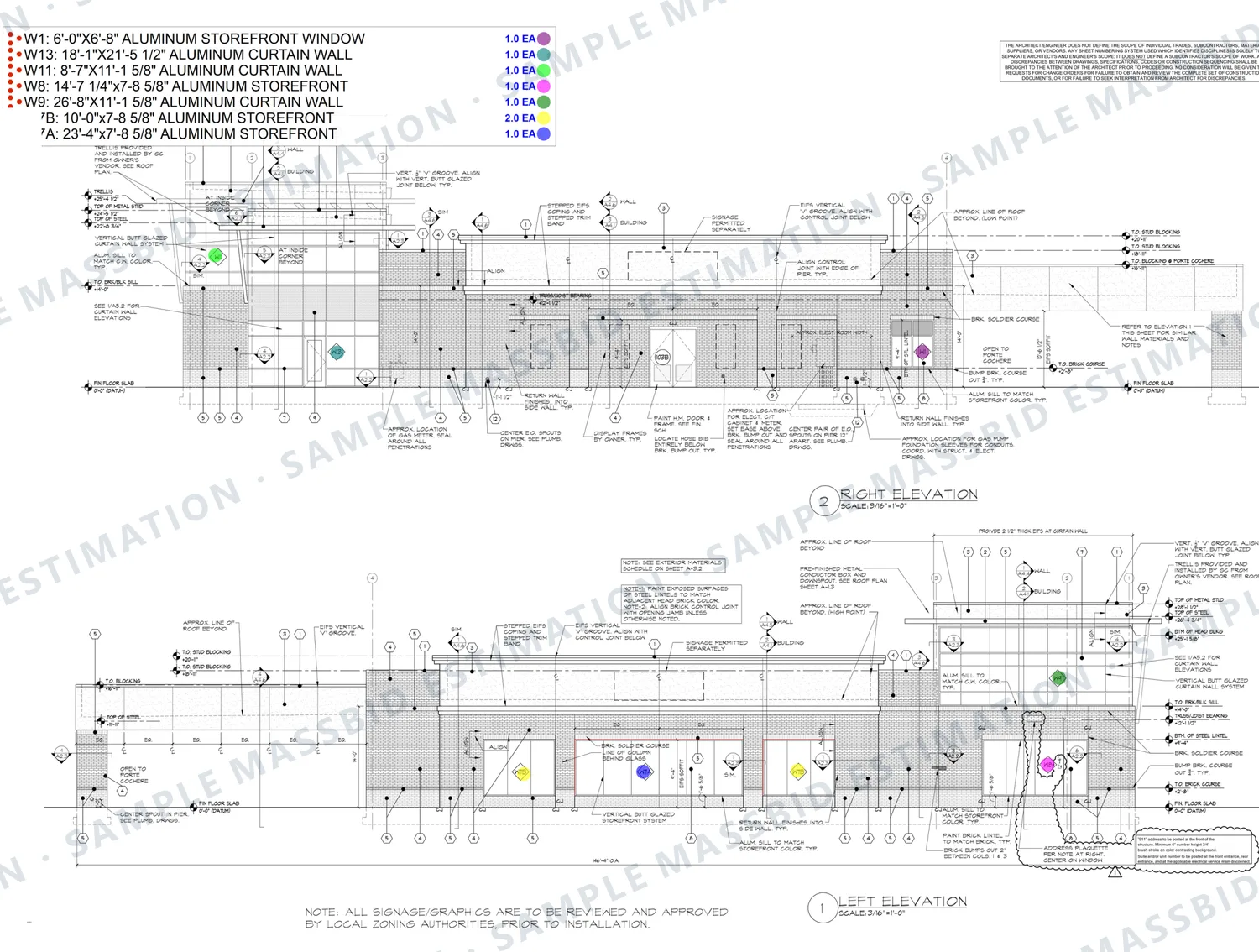 Curtain wall takeoff on the elevations, by mark