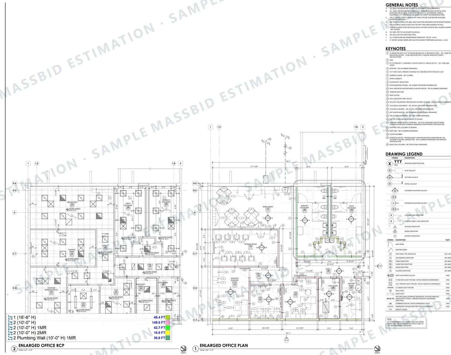 Enlarged office plan and reflected ceiling plan of a retail store with partitions traced and a legend listing wall types at 16 feet 6 inches and 10 feet high, including moisture-resistant and plumbing walls, each in linear feet