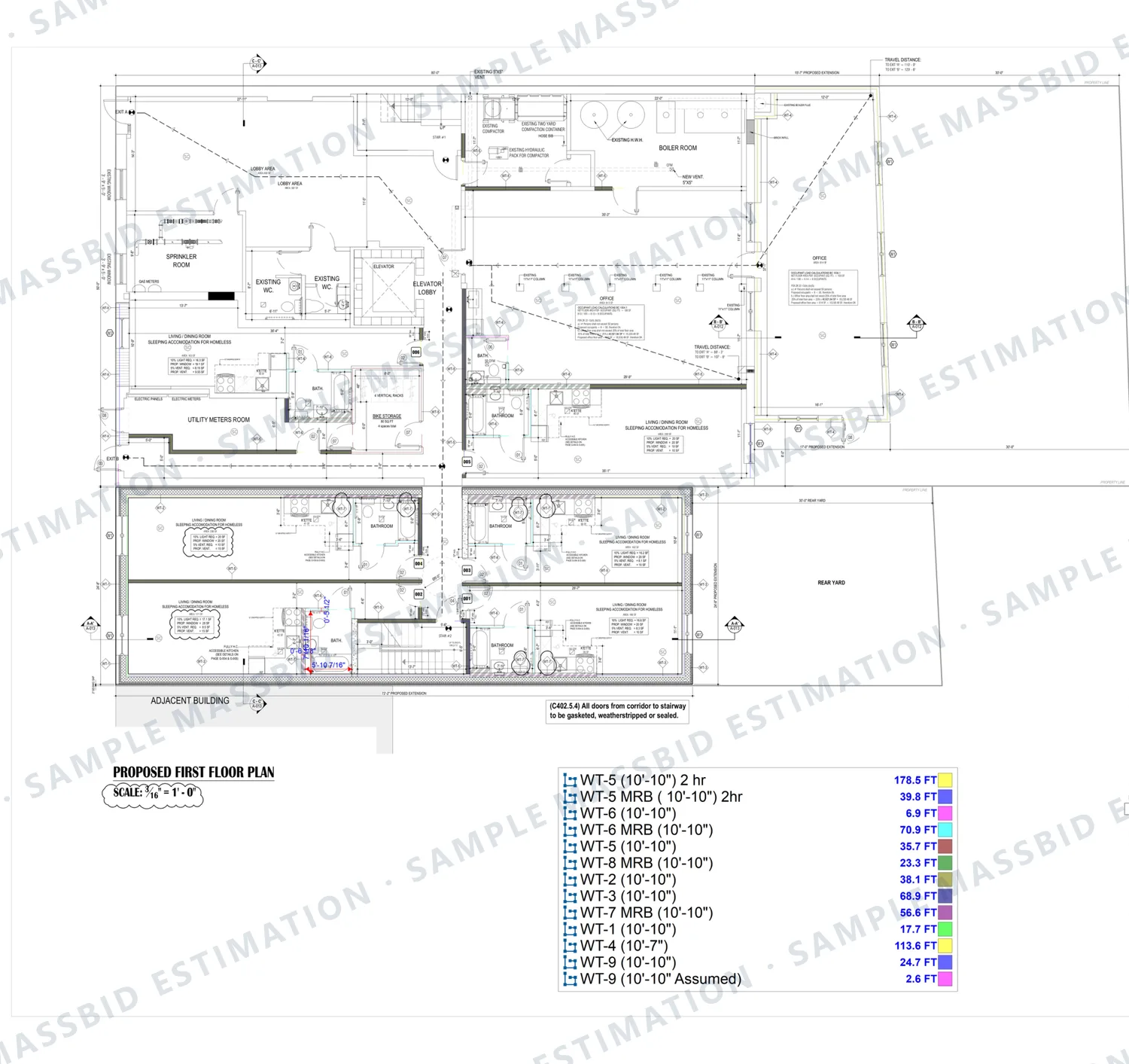 Drywall takeoff: partitions by wall type on a floor plan