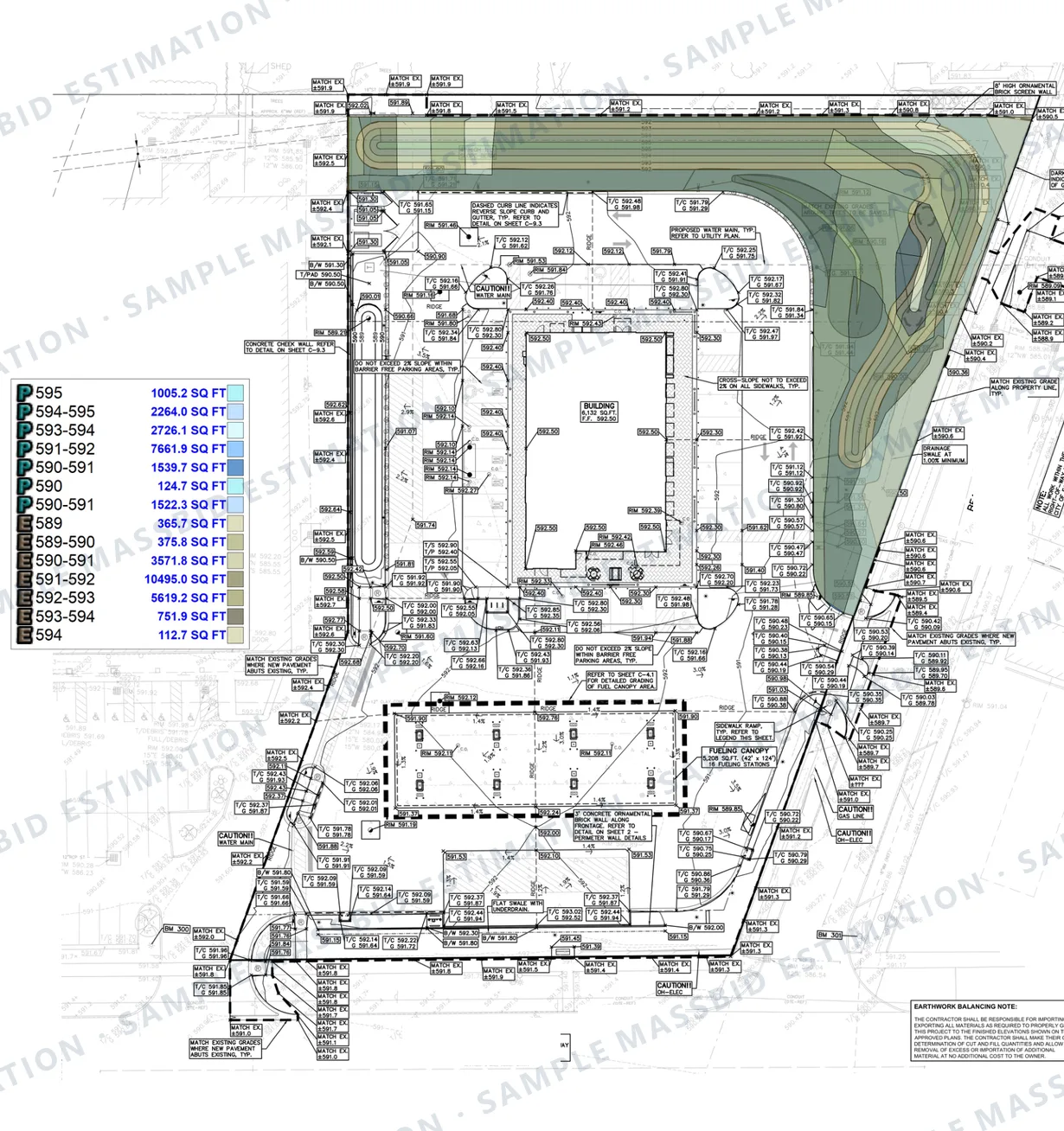 Earthwork takeoff on a grading plan, area by contour band