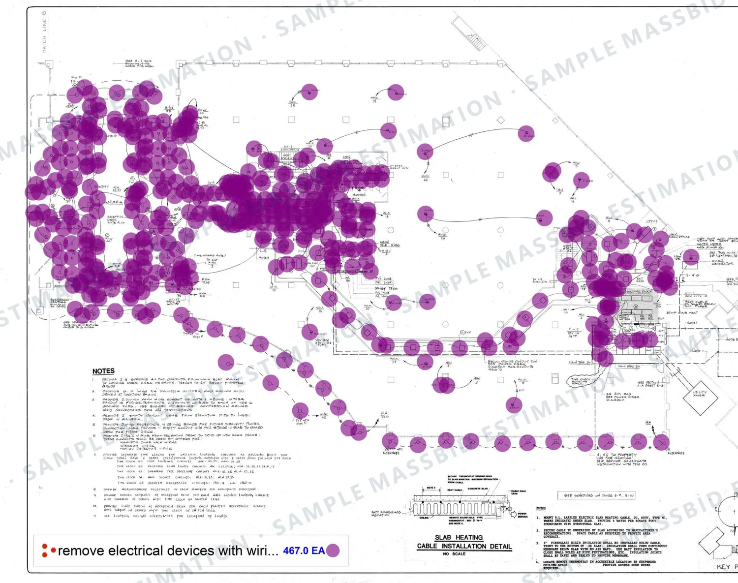First-floor electrical plan of an office building with a dot on every electrical device and a legend counting 467 electrical devices to be removed with their wiring back to source