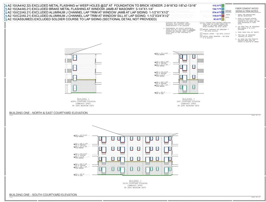 Courtyard elevations marking excluded metal flashing at brick veneer, brake metal flashing at window jambs and aluminum J-channel trim in separate colors, each with its linear footage