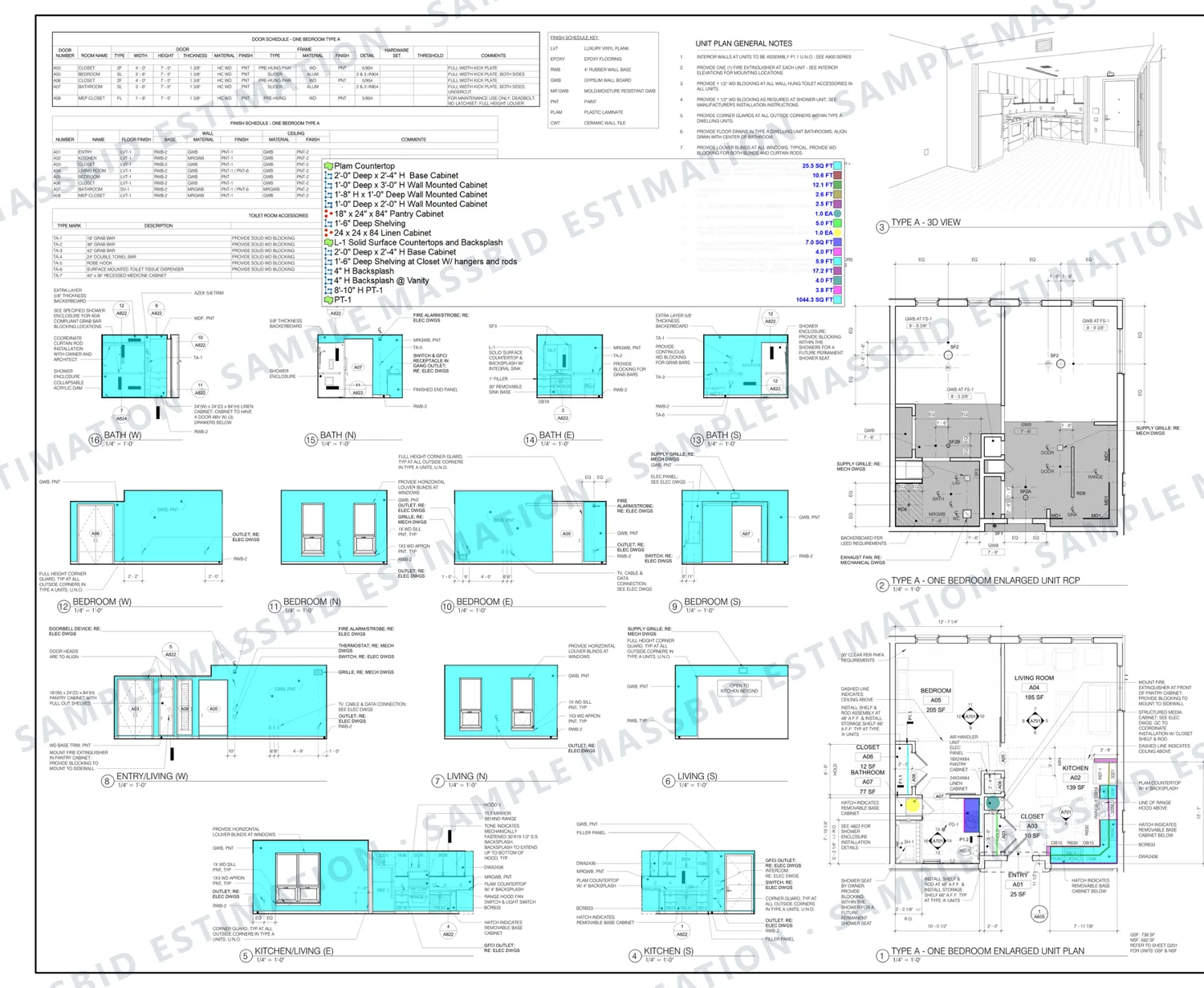 Interior elevations and enlarged plan of a one-bedroom apartment with cabinets, countertops and shelving shaded, and a legend listing plastic laminate countertop, base cabinets, wall cabinets by depth and height, pantry and linen cabinets counted, closet shelving and backsplash in linear feet