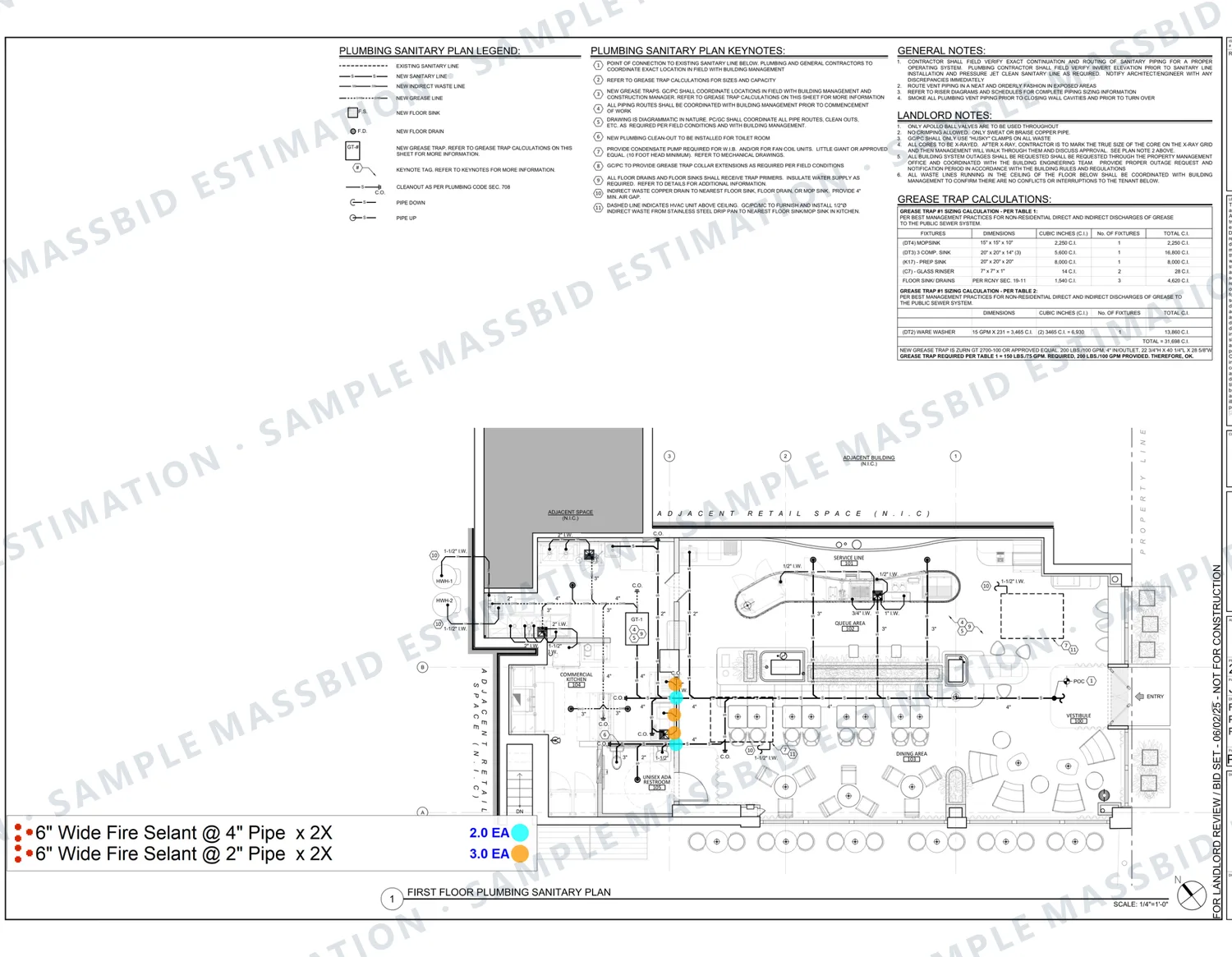 Plumbing sanitary plan of a retail tenant space with pipe penetrations dotted and a legend listing fire sealant at two 4 inch pipes and three 2 inch pipes, each sealed on both sides