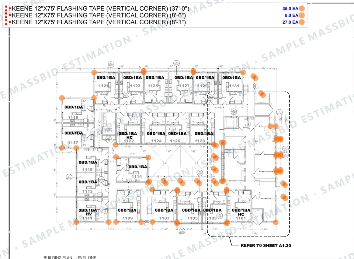 Level one building plan with an orange dot at every exterior corner and a legend listing 12 inch flashing tape at vertical corners grouped by height: 35 at 37 feet, 8 at 8 feet 6 inches and 27 at 8 feet 1 inch