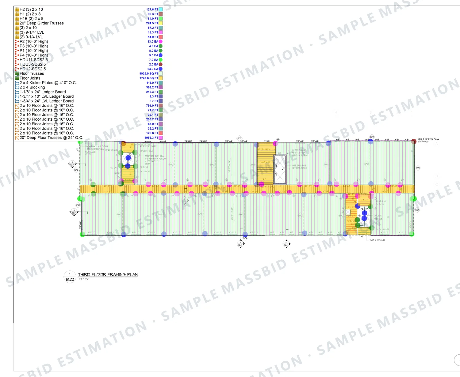 Floor framing takeoff: floor trusses, joists, beams and hardware