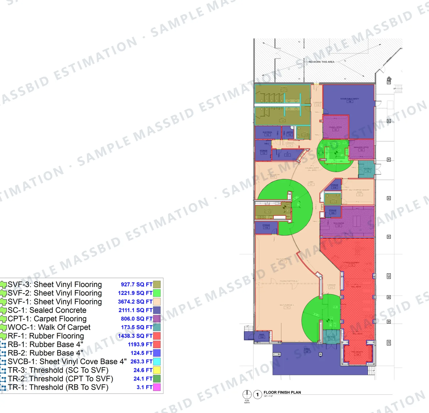 Flooring takeoff by finish tag for a recreation center