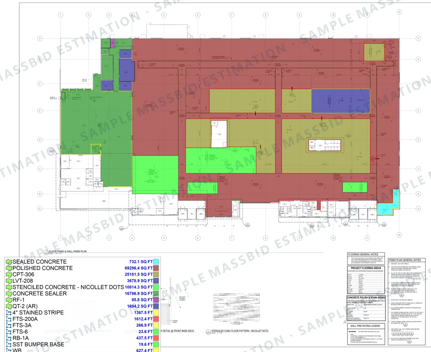 Floor finish plan of a large retail store with polished concrete, stenciled concrete, sealed concrete, carpet and LVT areas shaded in separate colors and a legend listing each in square feet, with wall base and floor transition strips in linear feet