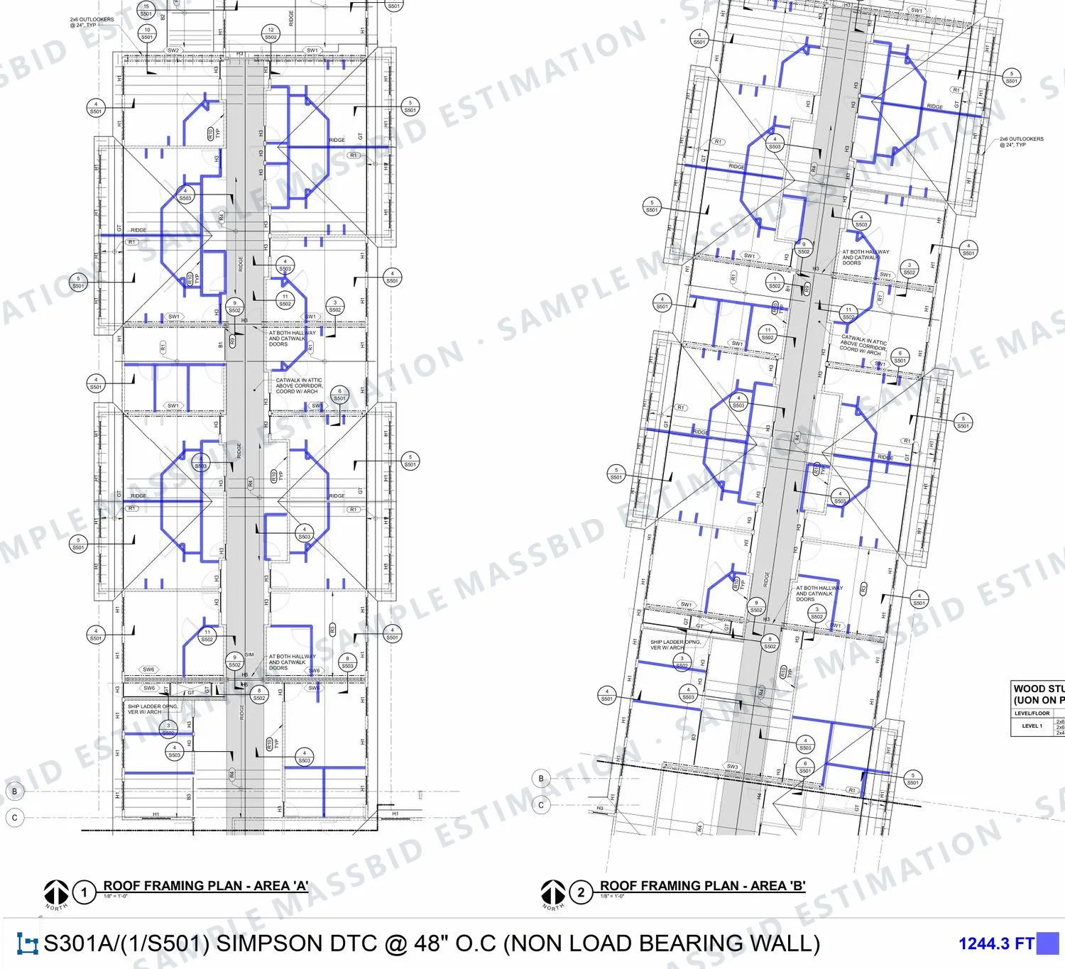 Roof framing plans with non-load-bearing partition walls highlighted in blue and a legend showing 1,244.3 feet of a connector at 48 inches on center