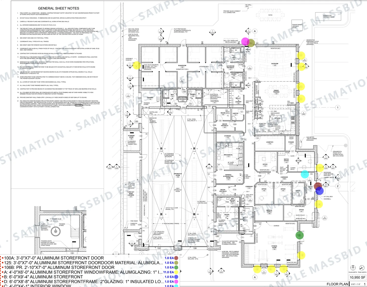Floor plan of a fire station in South Carolina with storefront doors, storefront frames and windows dotted by mark around the perimeter and a legend listing each opening by size