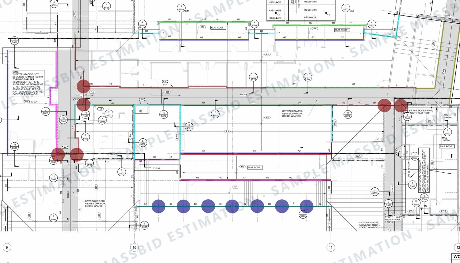 Roof framing plan with hanger and tie runs drawn in several colors along corridor walls and trellis lines and beam hanger locations circled