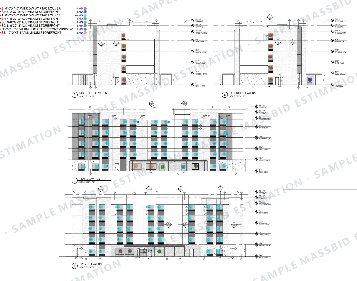 Exterior elevations of a five-story hotel with a colored dot on every guest-room window and storefront and a legend counting each window type