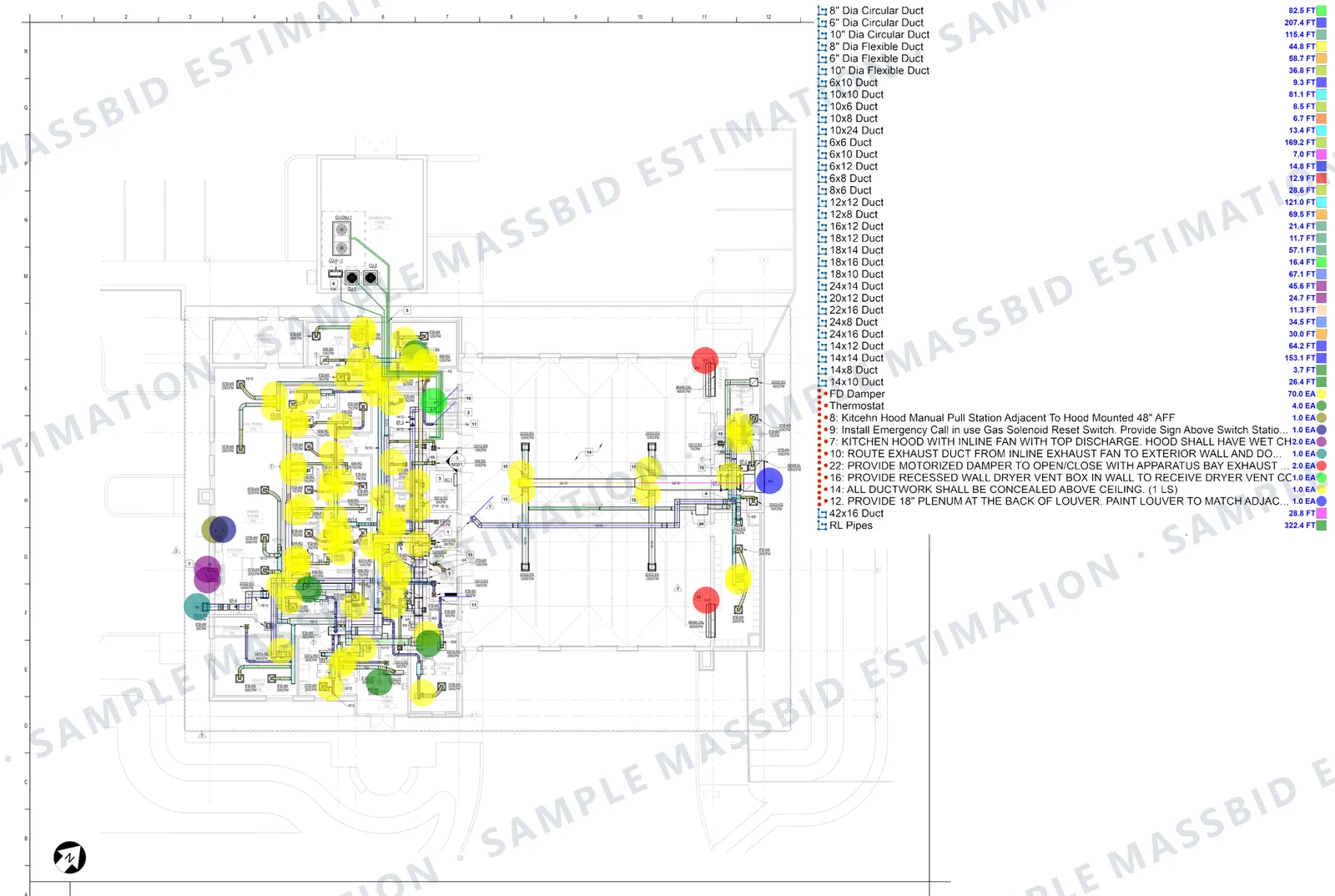 Ductwork takeoff by duct size on a floor plan