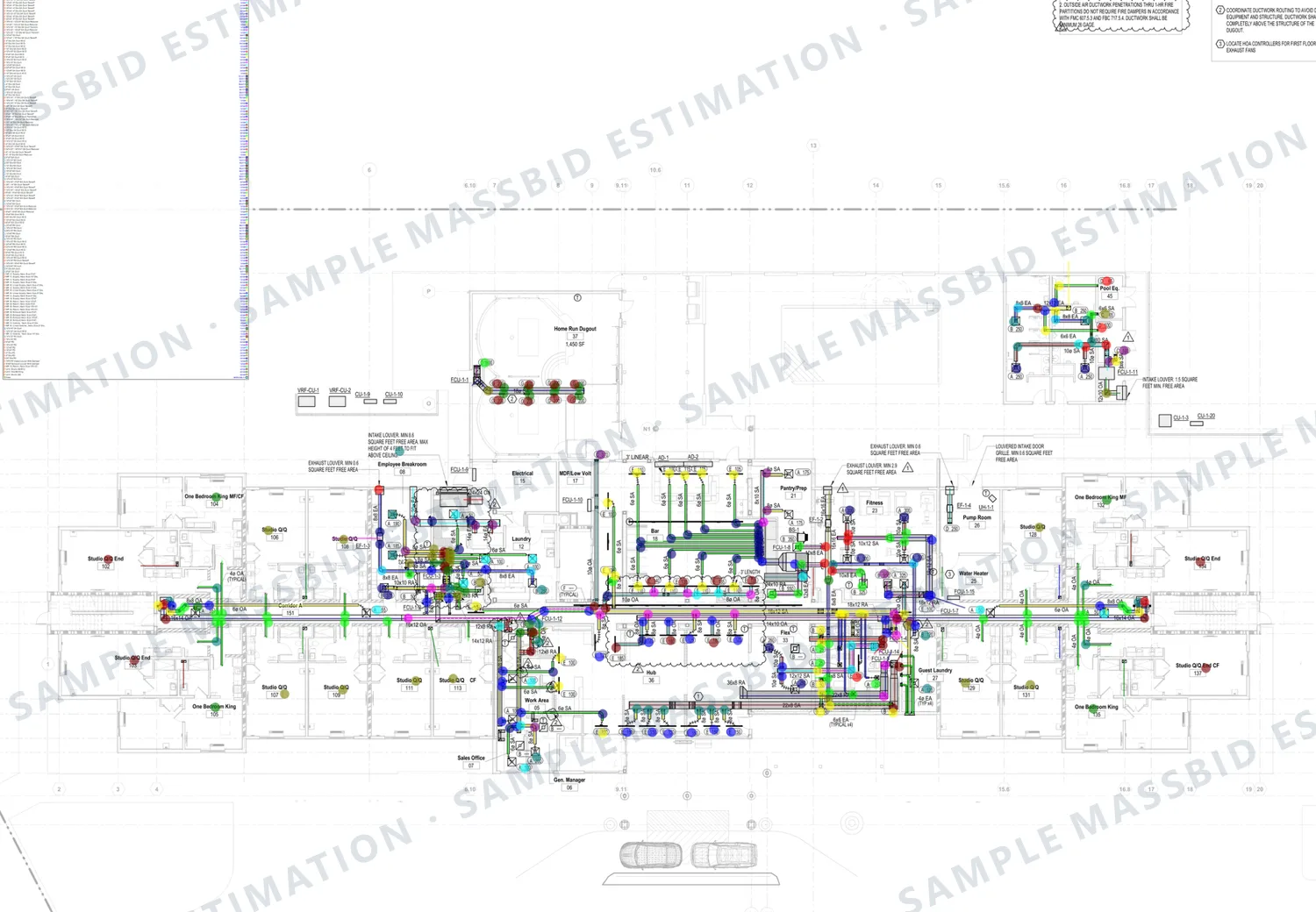 Level one HVAC plan of a four-story hotel with duct runs traced in colors by size through the public areas and corridor and a long legend listing duct, fittings and air devices