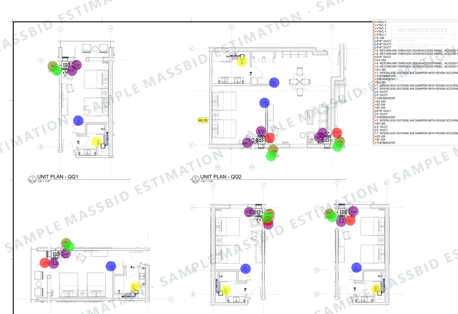 Enlarged mechanical plans of five hotel guest room types in Sarasota County, Florida with each room's air conditioning unit, exhaust, duct and thermostat dotted and a legend listing the items per room