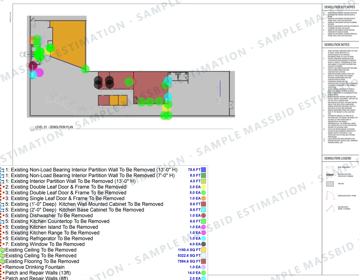 Interior demolition takeoff: partitions, doors, casework, ceiling and flooring