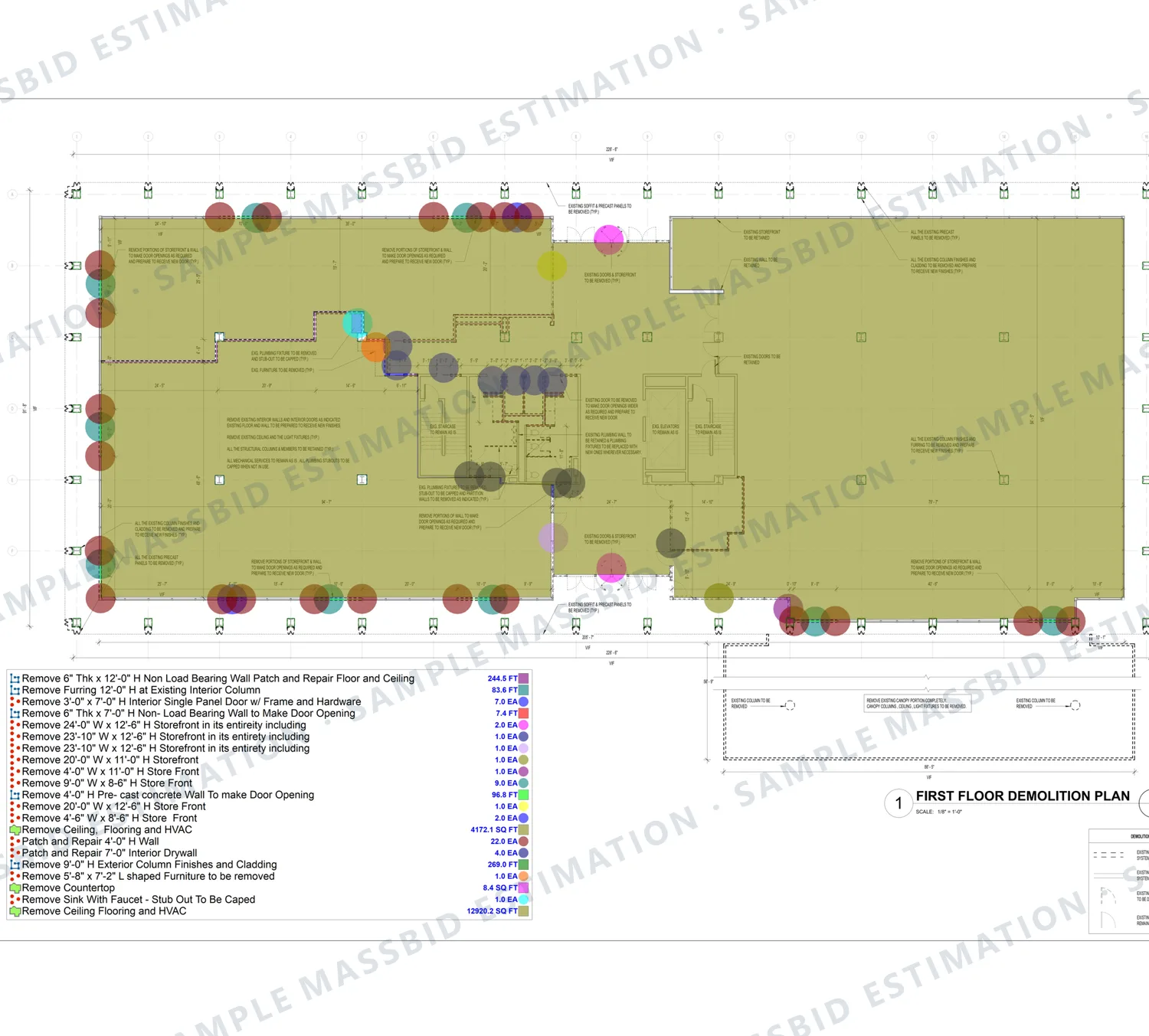 Interior demolition takeoff: walls, storefront, flooring and ceiling on one floor