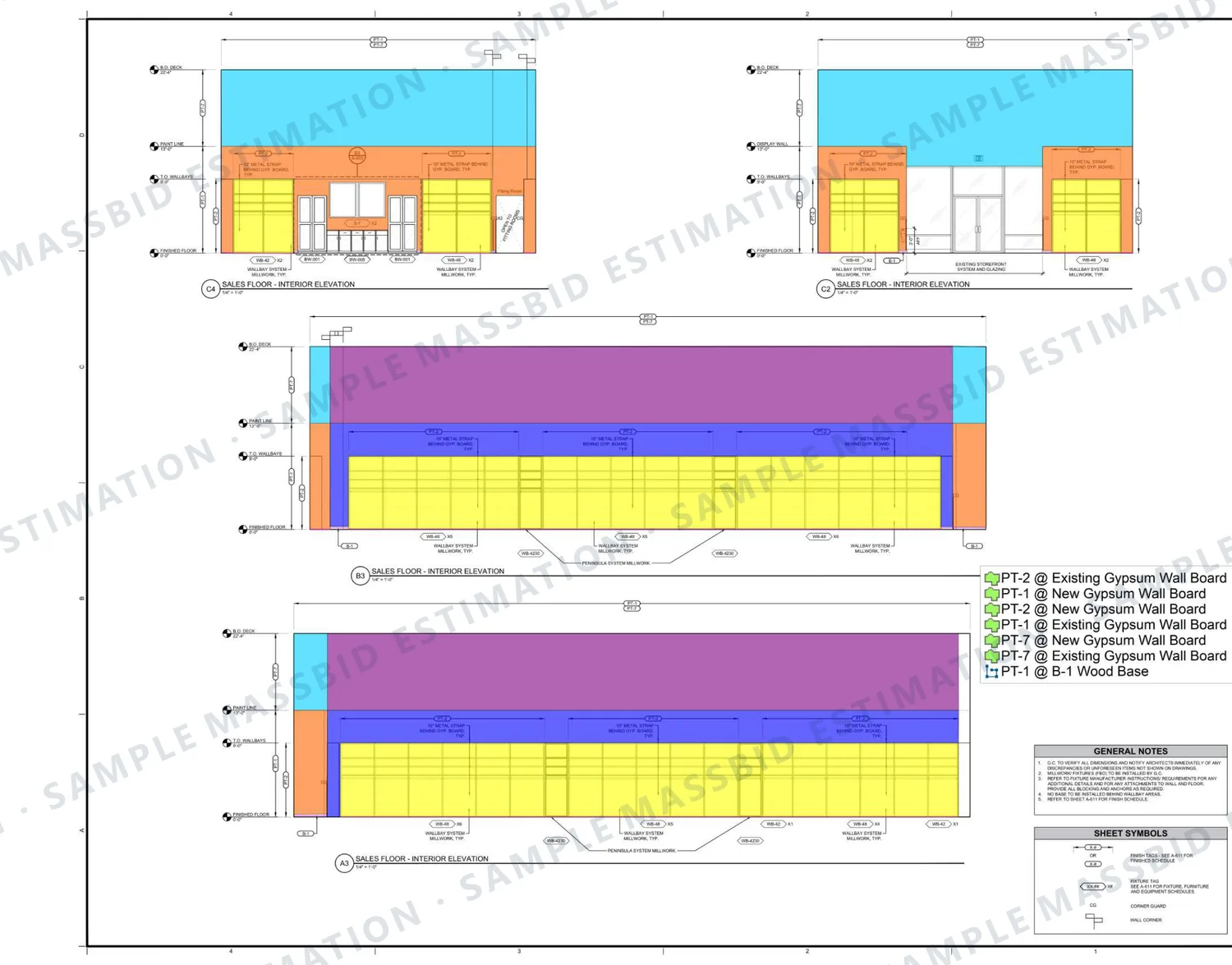Interior painting takeoff on wall elevations, by paint tag