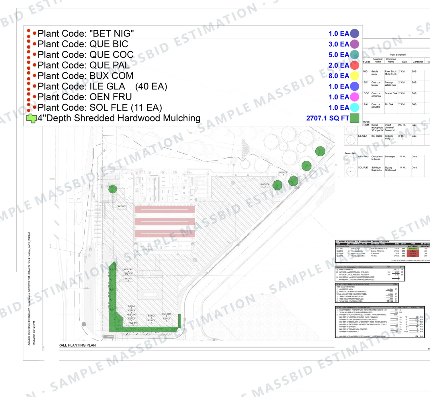 Overall planting plan of a public safety building site with trees and shrub beds marked and a legend counting plants by plant code, including 40 of one shrub and 11 of one perennial, with 2,707.1 square feet of 4 inch shredded hardwood mulch