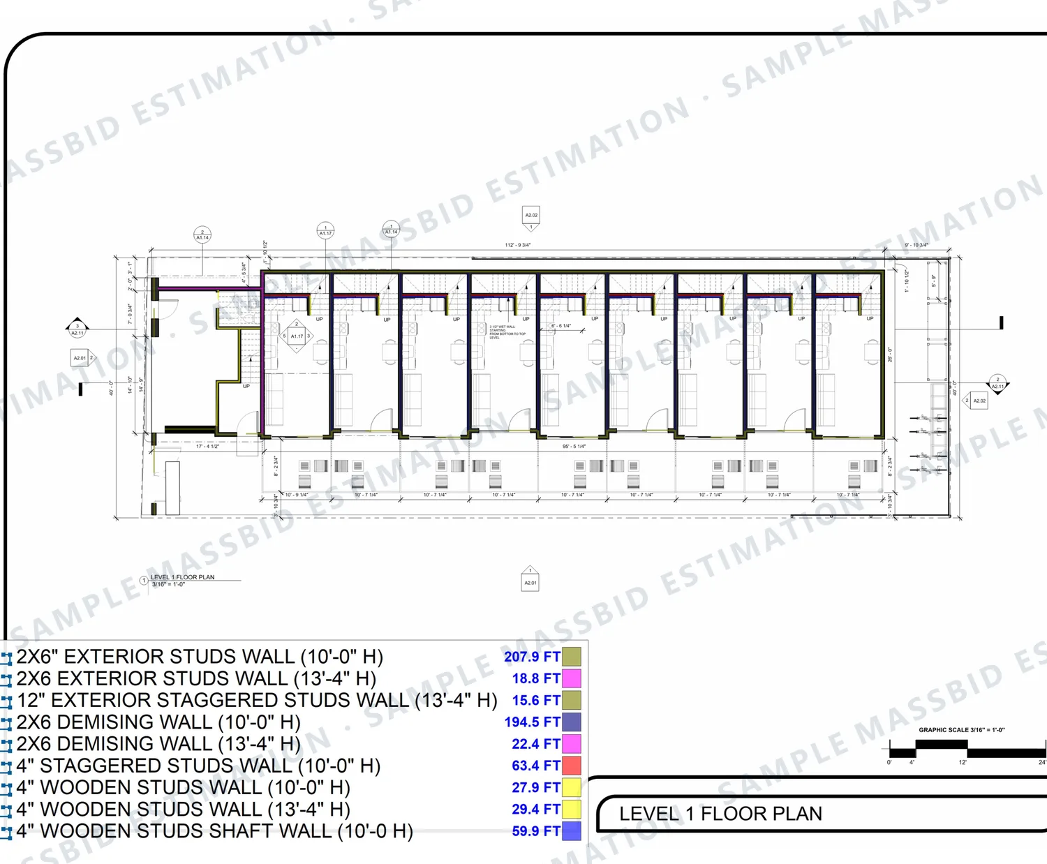 Stud wall takeoff by wall type for a multi-unit building