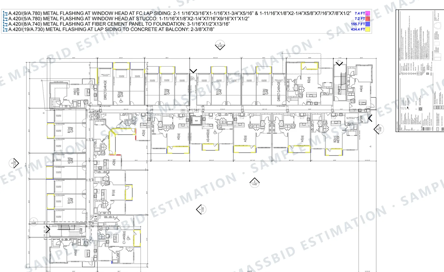 Floor plan of a three-story apartment building in Austin, Texas with metal flashing runs traced in colors by profile and a legend listing window head, foundation and balcony flashing in linear feet