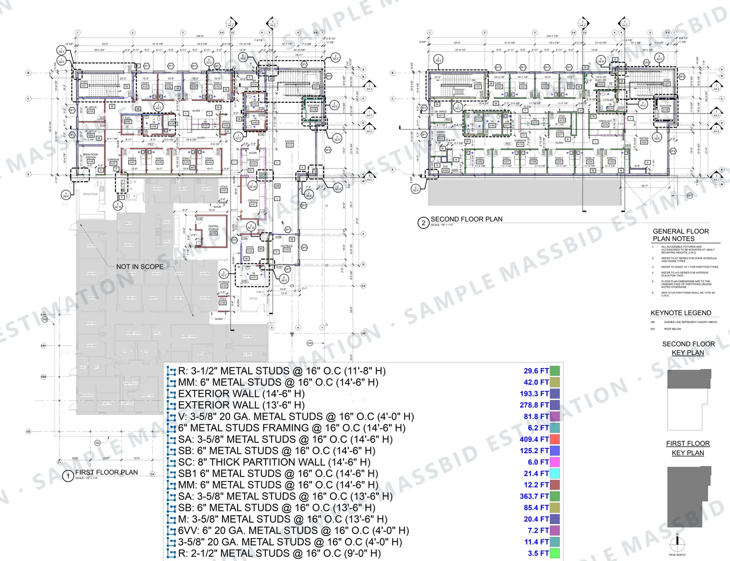 First and second floor plans of a clinic with stud walls traced by type and a legend listing metal stud partitions by stud size, spacing and height, from 2-1/2 inch studs 9 feet high to 6 inch studs 14 feet 6 inches high, with exterior walls, each in linear feet