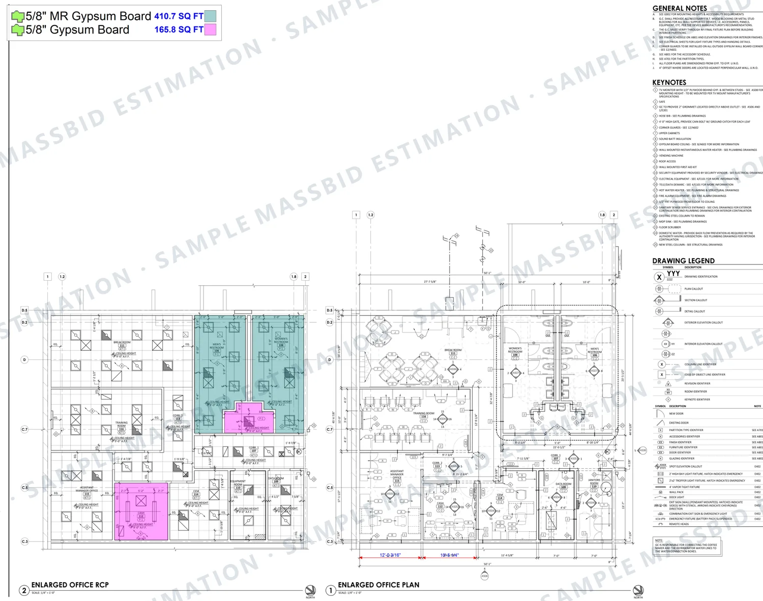 Enlarged office reflected ceiling plan of a retail store with restroom ceilings shaded and a legend listing 410.7 square feet of five-eighths inch moisture-resistant gypsum board and 165.8 square feet of standard gypsum board