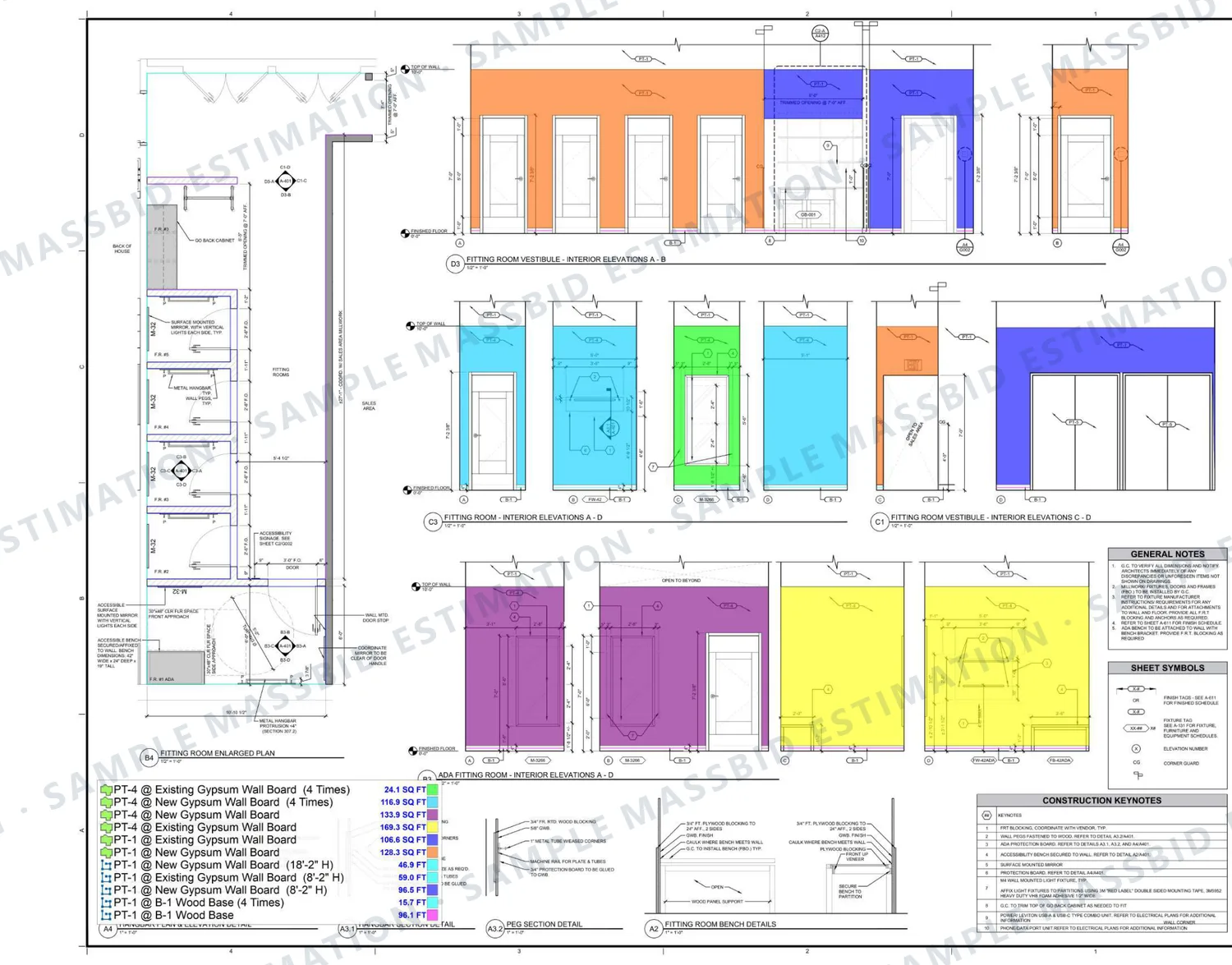 Interior elevations of fitting rooms and a vestibule with walls shaded by paint tag and a legend listing eleven paint tag and substrate combinations in square feet