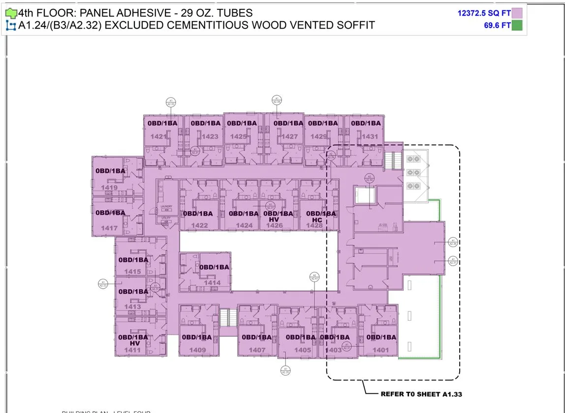 Panel adhesive area takeoff on a fourth-floor plan: the floor plate shaded purple at 12,372.5 square feet for 29 ounce tubes, with excluded vented soffit traced in green