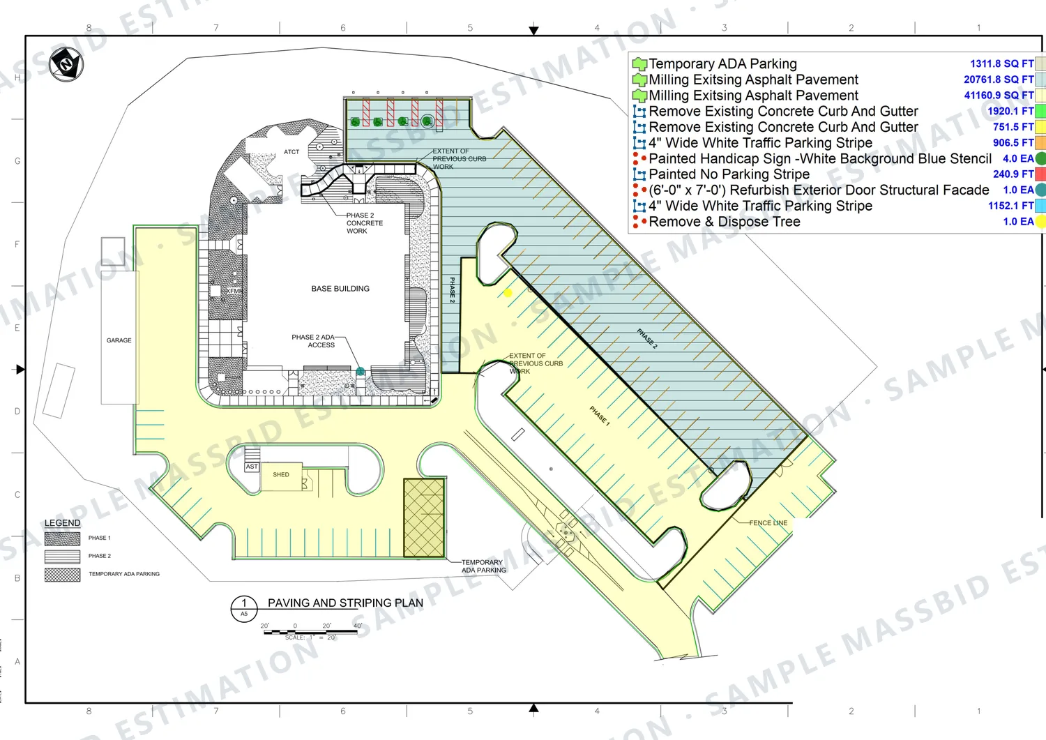Paving and striping plan of a parking lot with two phases shaded and a legend listing 20,761.8 and 41,160.9 square feet of asphalt milling, concrete curb and gutter removal in linear feet, four-inch parking stripe in linear feet, a temporary accessible parking area and handicap symbols counted