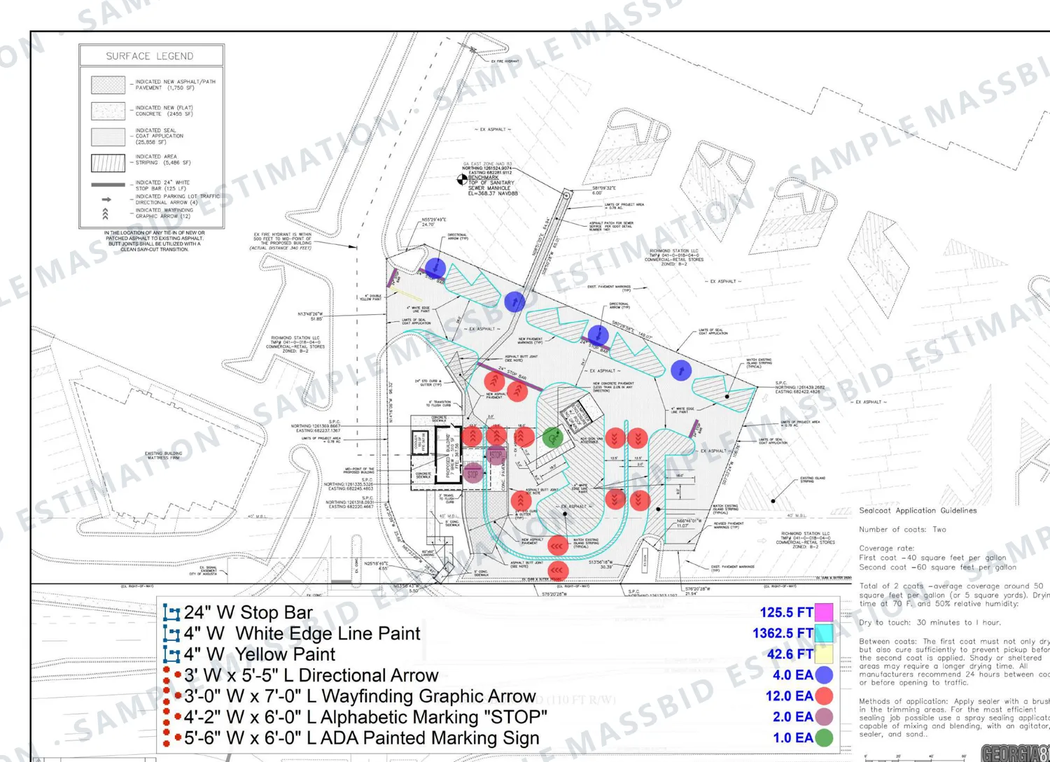 Site plan of a drive-through with pavement markings dotted and lines traced, and a legend listing 125.5 feet of 24 inch stop bar, 1,362.5 feet of four-inch white edge line, yellow paint, directional arrows, wayfinding arrows, stop legends and an accessible parking symbol