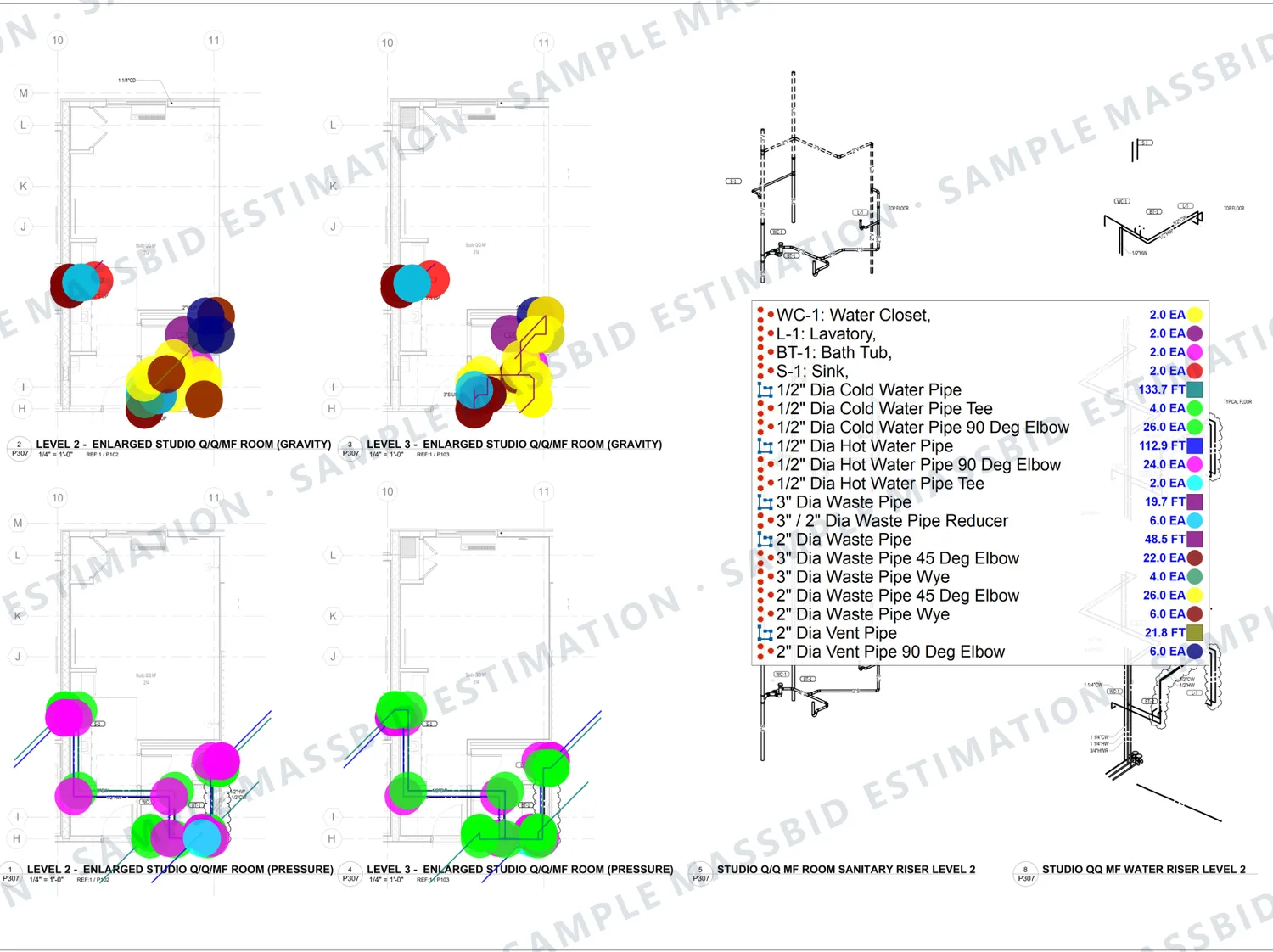 Enlarged gravity and pressure plumbing plans for hotel guest rooms with riser diagrams and a legend counting a water closet, lavatory, bathtub and sink for each room and listing cold and hot water pipe, waste pipe and vent pipe by diameter with elbows, tees, wyes and reducers