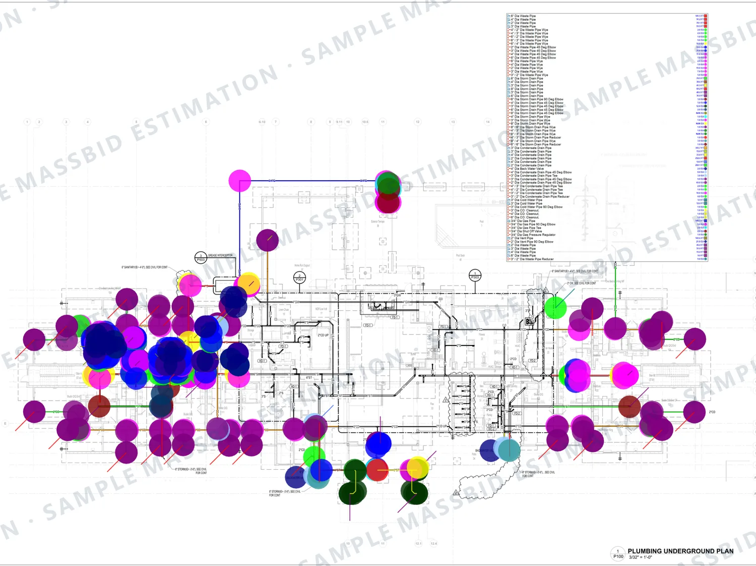 Underground plumbing takeoff: waste, storm, condensate and gas
