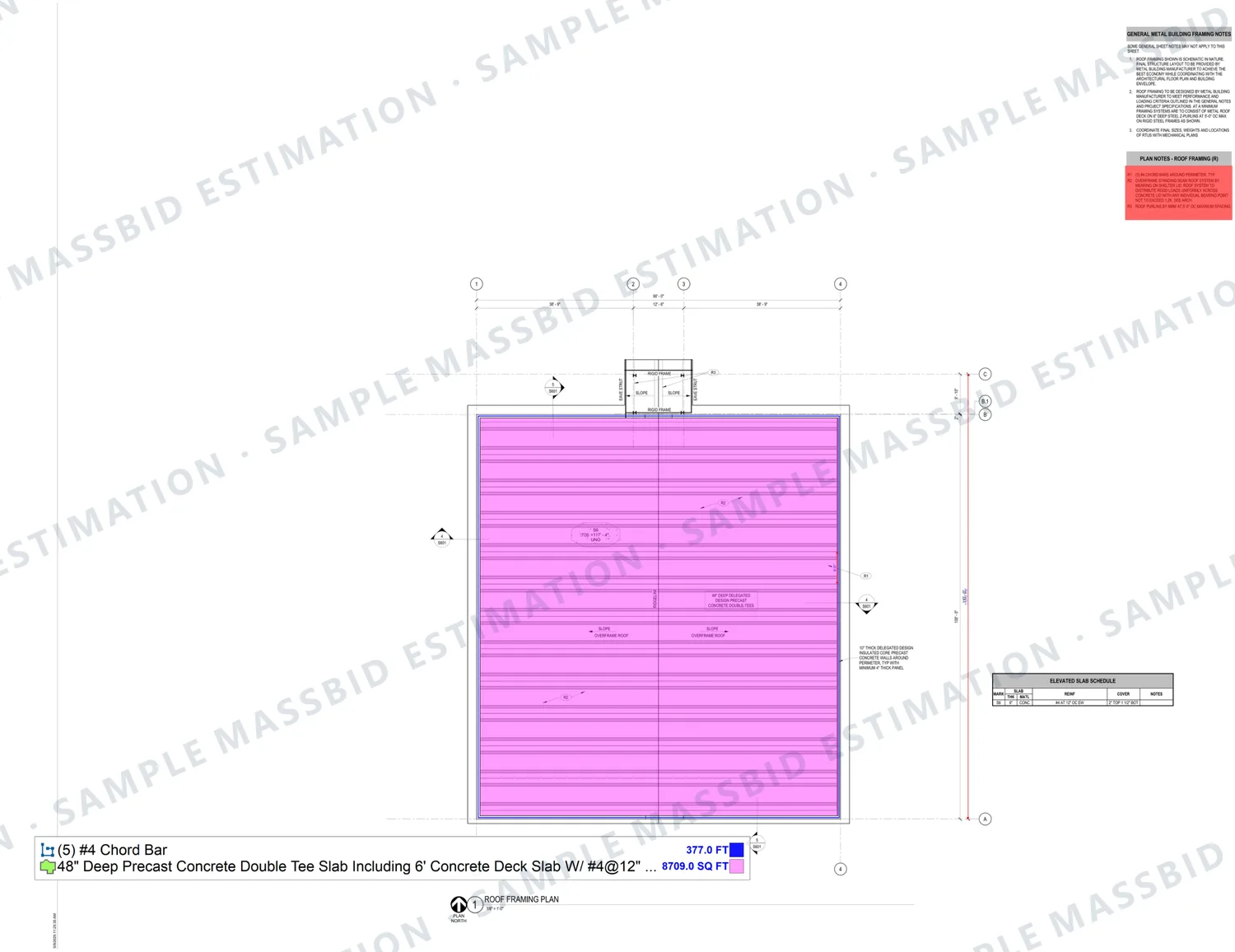 Precast double-tee roof slab takeoff on the framing plan