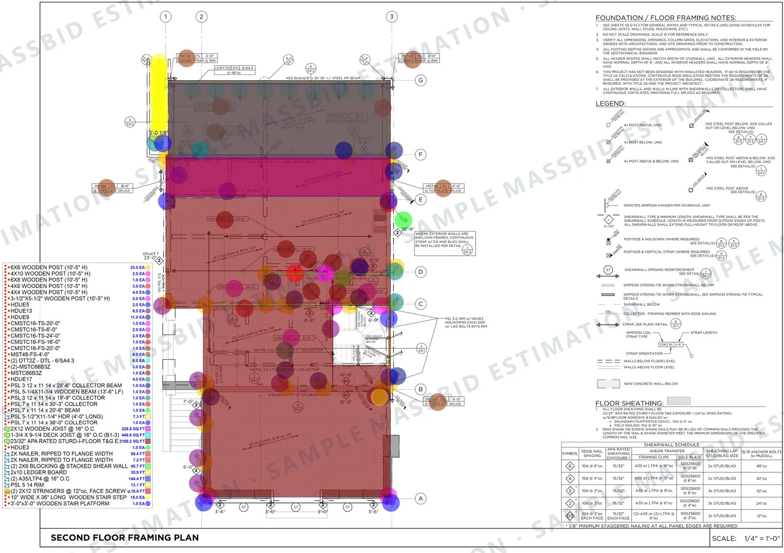 Second-floor framing plan from a single-family renovation and addition with the floor area shaded and colored dots at each post, beam and hold-down, beside a legend counting wood posts, PSL beams, joists, 2,169 square feet of subfloor sheathing, hold-downs and straps