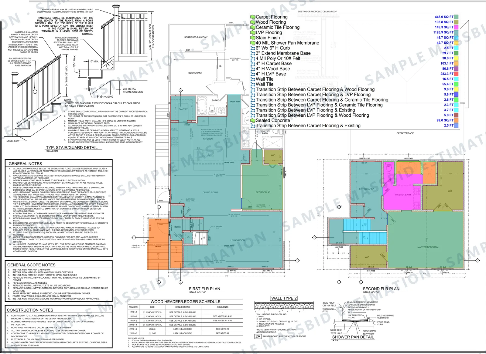 First and second floor plans of a residential alteration with each room shaded by floor finish: 1,126.9 square feet of LVP, 448 square feet of carpet, 193.8 square feet of wood and 149.3 square feet of ceramic tile, with wall base and every transition strip listed by length